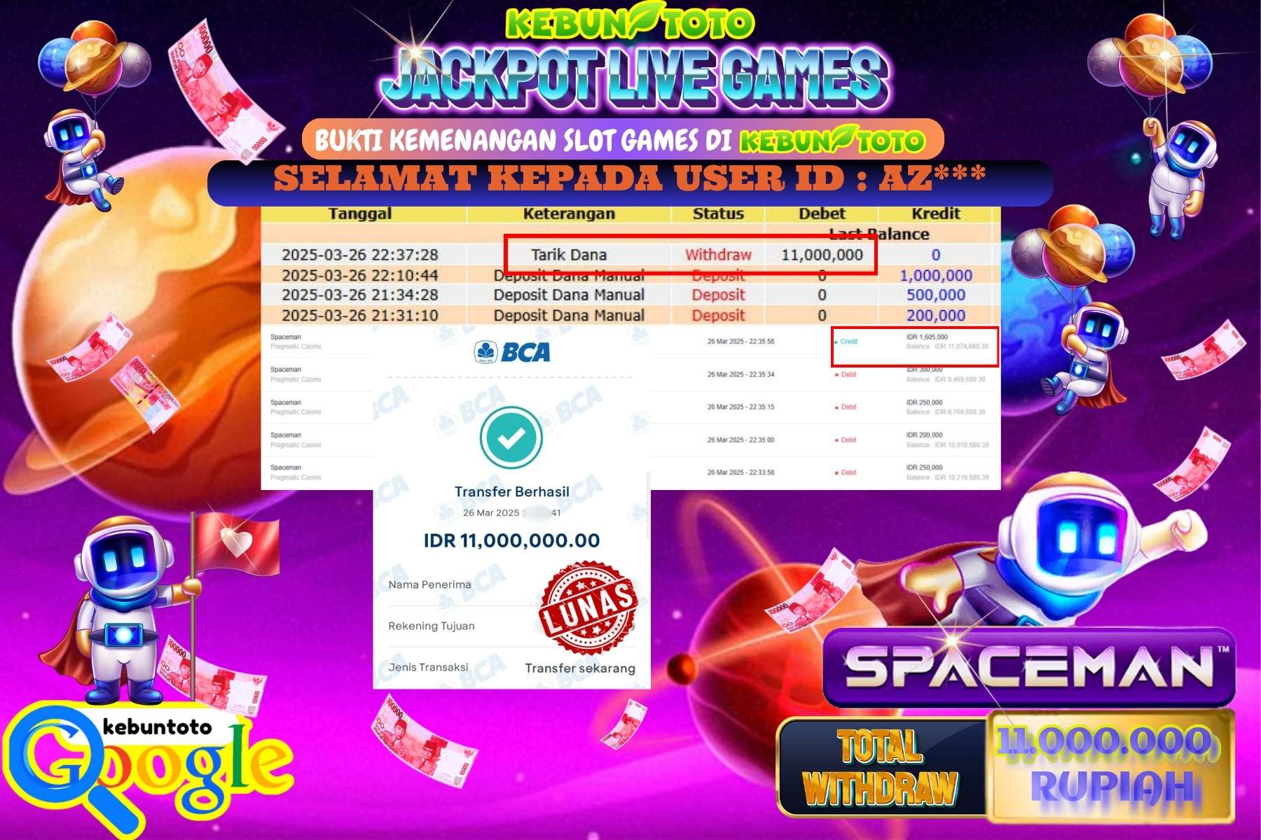 KEBUNTOTO JACKPOT, LIVE GAMES SPACEMAN , Sebesar Rp 11.000.000,- LUNAS