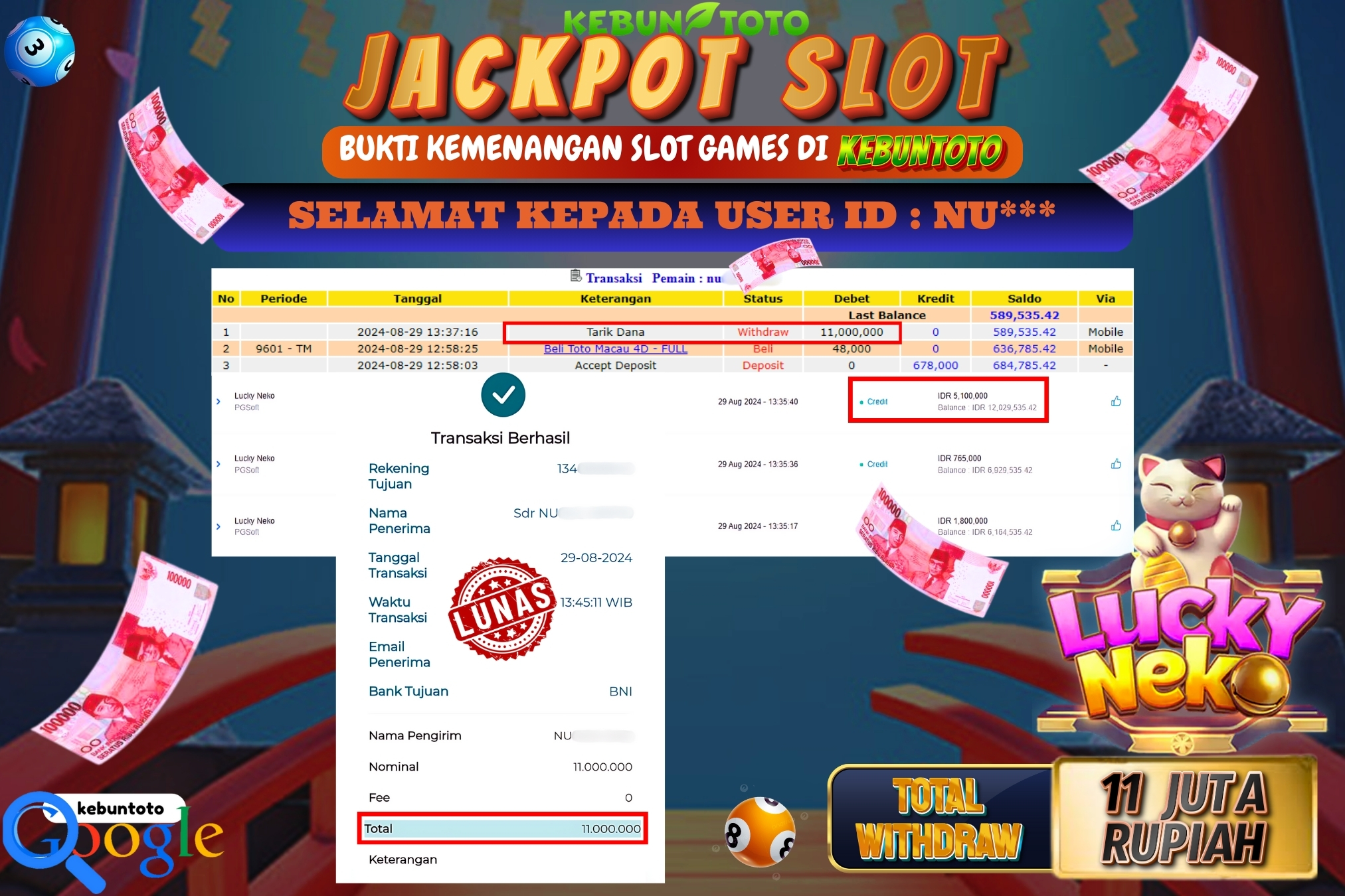 KEBUNTOTO JACKPOT SLOT LUCKY NEKO Rp.11.000.000,- LUNAS