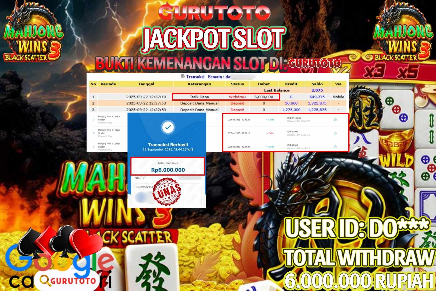 Bukti Kemenangan Rp 6.000.000 SLOT MAHJONG WINS 3 BLACK SCATTER di GURUTOTO!