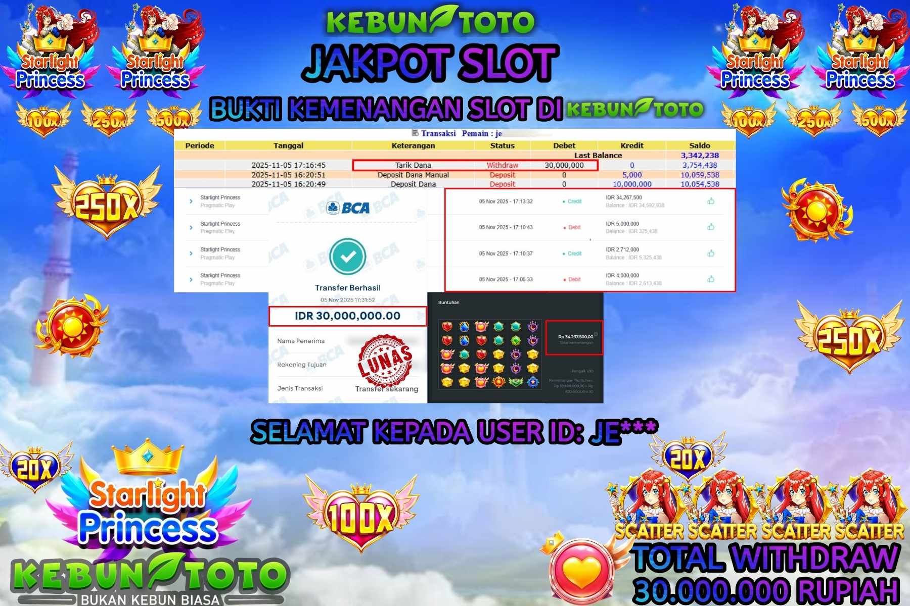 Bukti Kemenangan Rp 30.000.000 SLOT STARLIGHT PRINCESS di KEBUNTOTO!