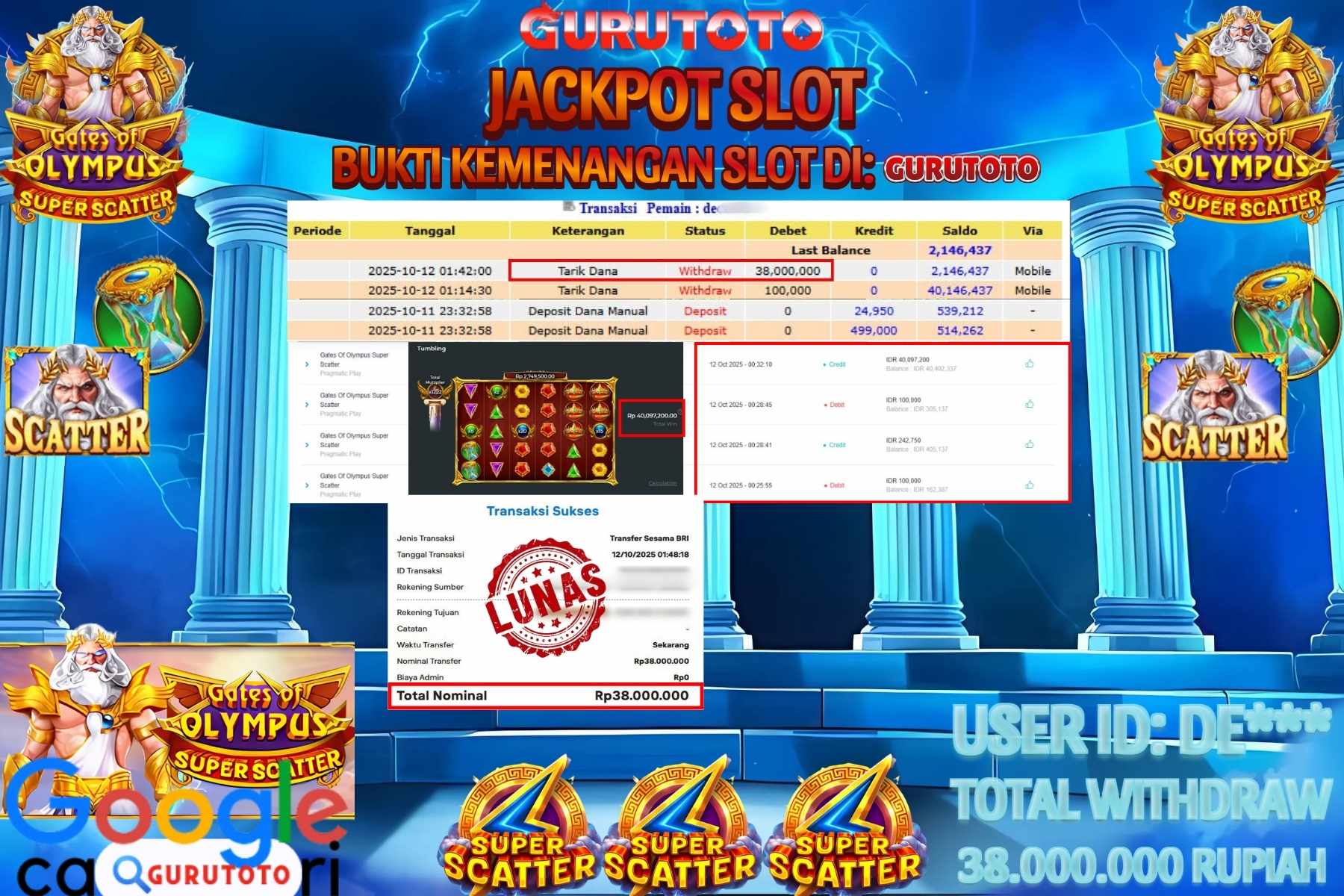 Bukti Kemenangan Rp 38.000.000 SLOT GATES OF OLYMPUS SUPER SCATTER di GURUTOTO!