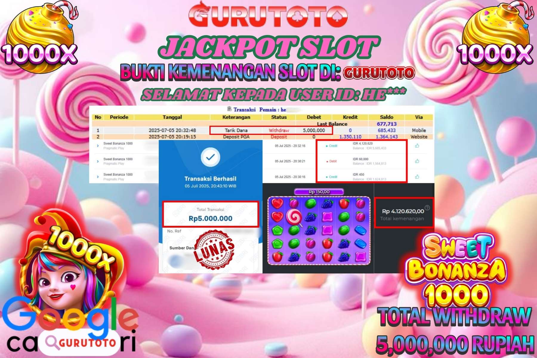 Bukti Kemenangan Rp 5.000.000 SLOT SWEET BONANZA 1000 di GURUTOTO!