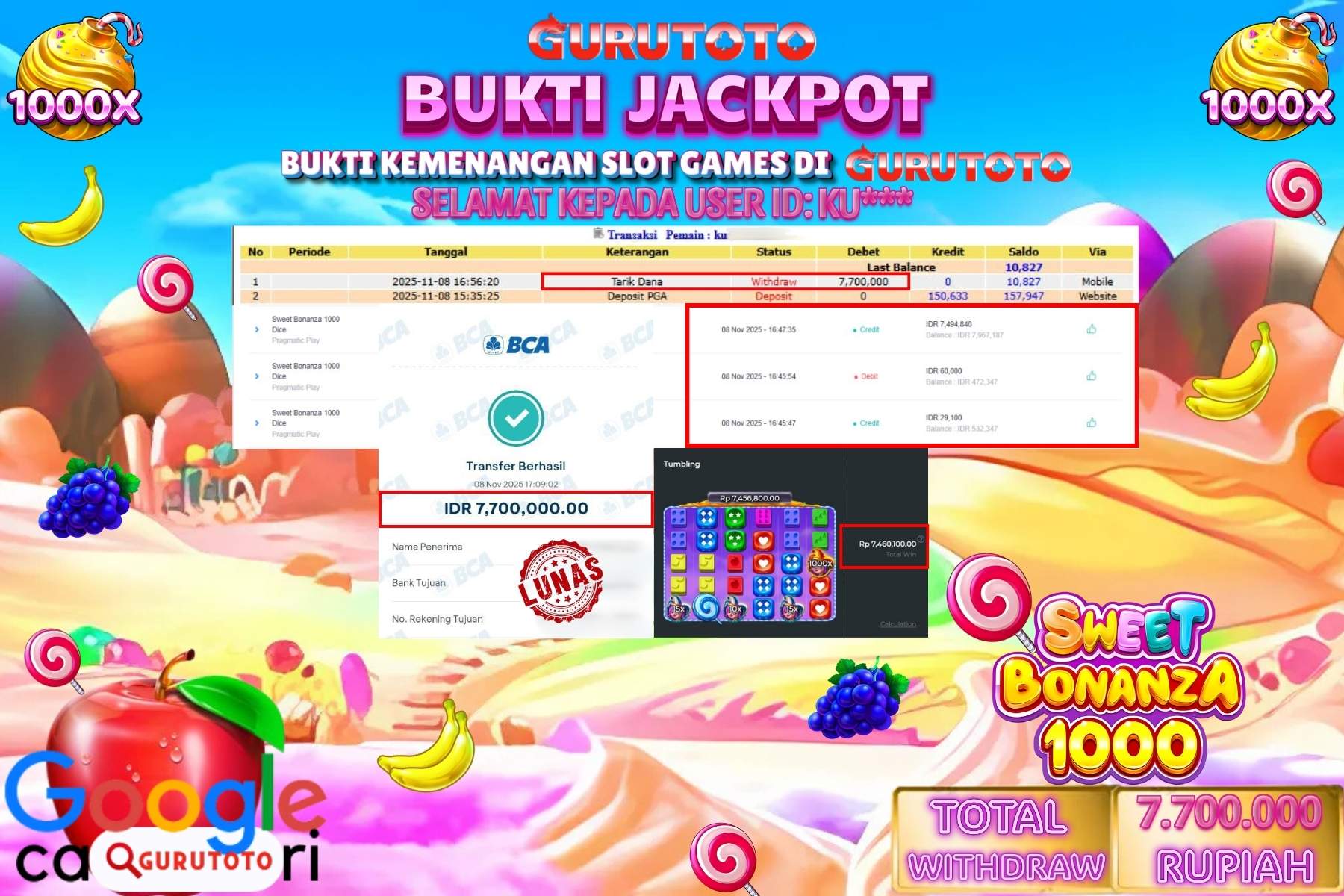 Bukti Kemenangan Rp 7.700.000 SLOT SWEET BONANZA 1000 DICE di GURUTOTO!