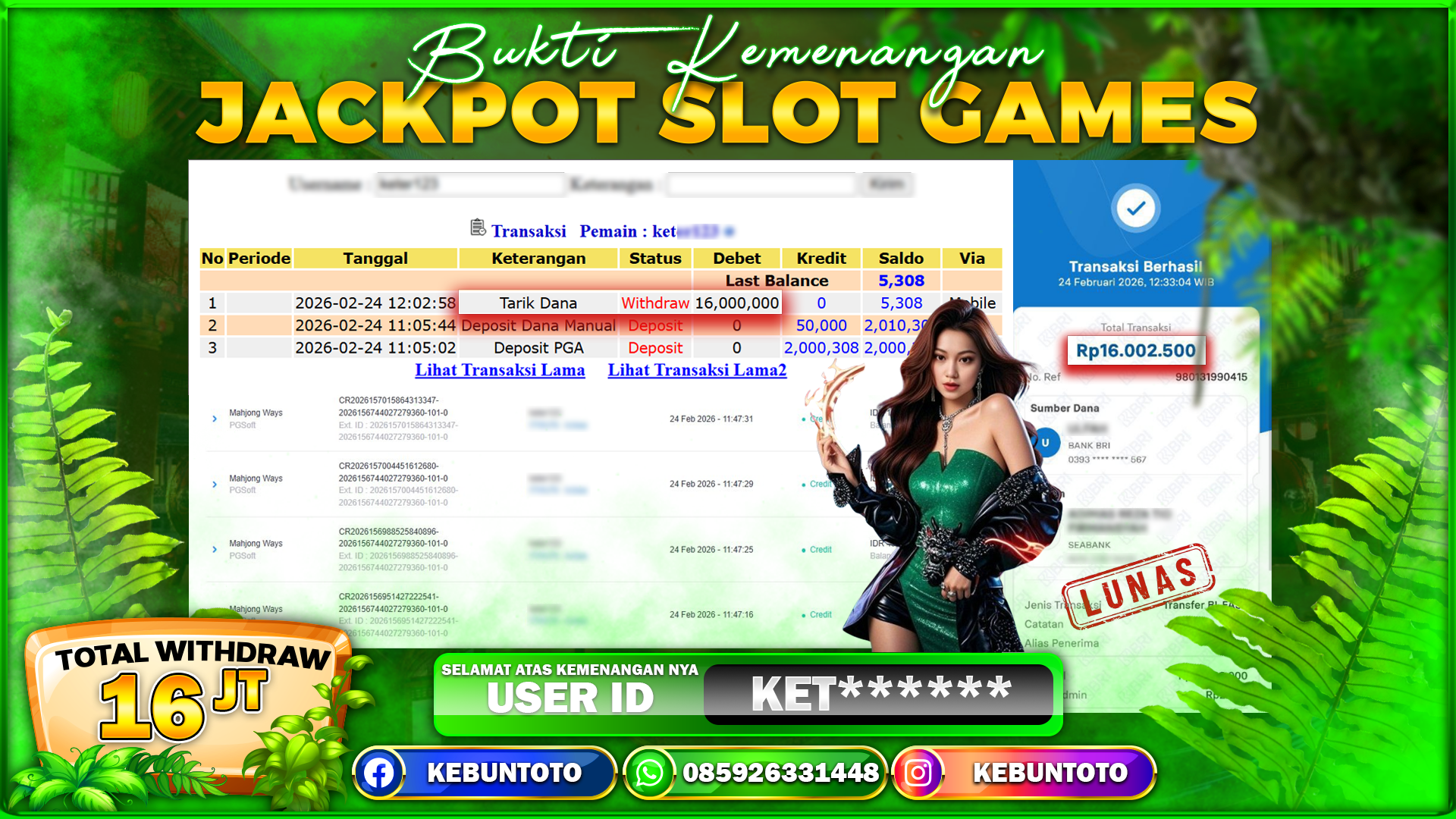 Bukti Kemenangan Rp. 16.000.000 MAHJONG WAYS2 DI KEBUNTOTO !