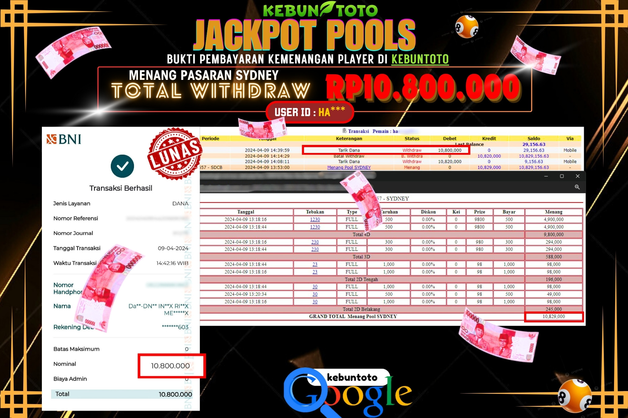 KEBUNTOTO JACKPOT TOGEL PASARAN SYDNEY Rp.10.800.000,- LUNAS
