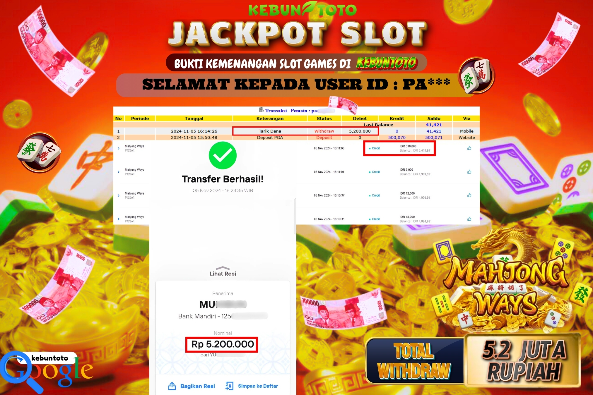 KEBUNTOTO JACKPOT SLOT MAHJONG WAYS Rp.5.200.000,- LUNAS