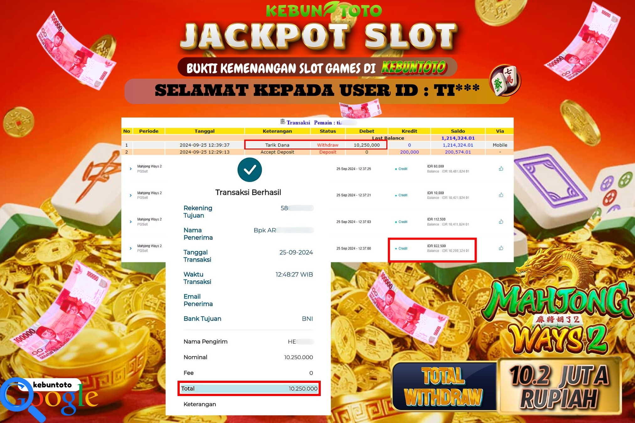 KEBUNTOTO JACKPOT SLOT MAHJONG WAYS 2 Rp.10.250.000,- LUNAS