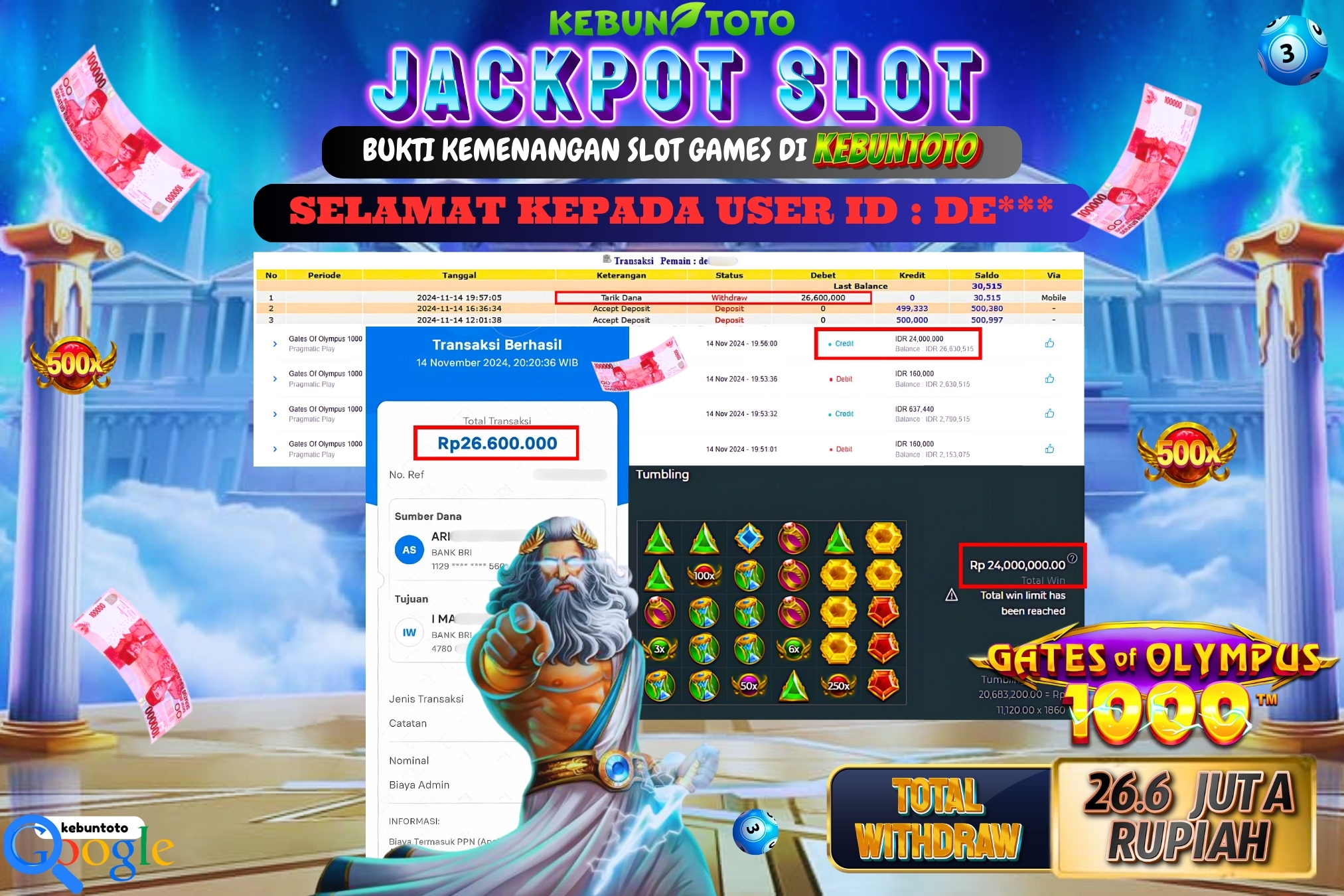 KEBUNTOTO JACKPOT SLOT GATES OF OLYMPUS 1000 Rp.26.600.000,- LUNAS