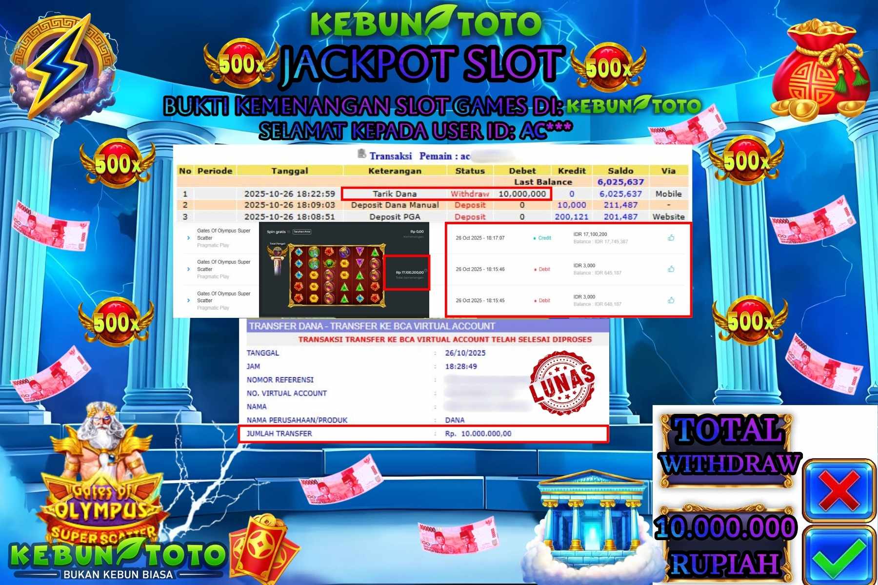 Bukti Kemenangan Rp 10.000.000 SLOT GATES OF OLYMPUS SUPER SCATTER di KEBUNTOTO!