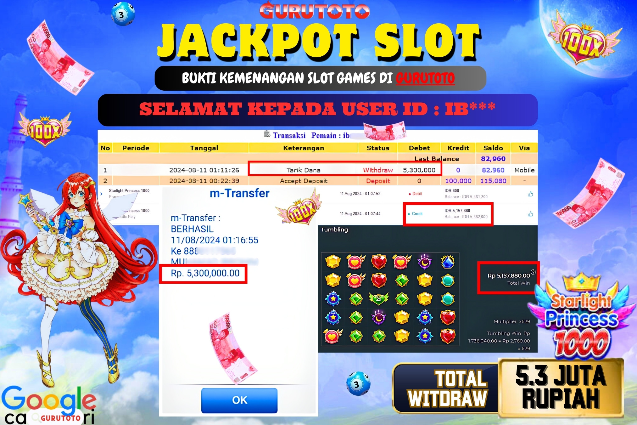 Jackpot Slot Starlight Princess 1000 di Gurutoto sebesar Rp.5.300.000 dibayar lunas.