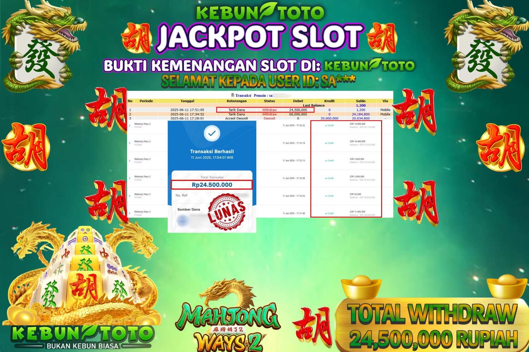 KEBUNTOTO JACKPOT SLOT MAHJONG WAYS 2 Rp 24.500.000,- LUNAS