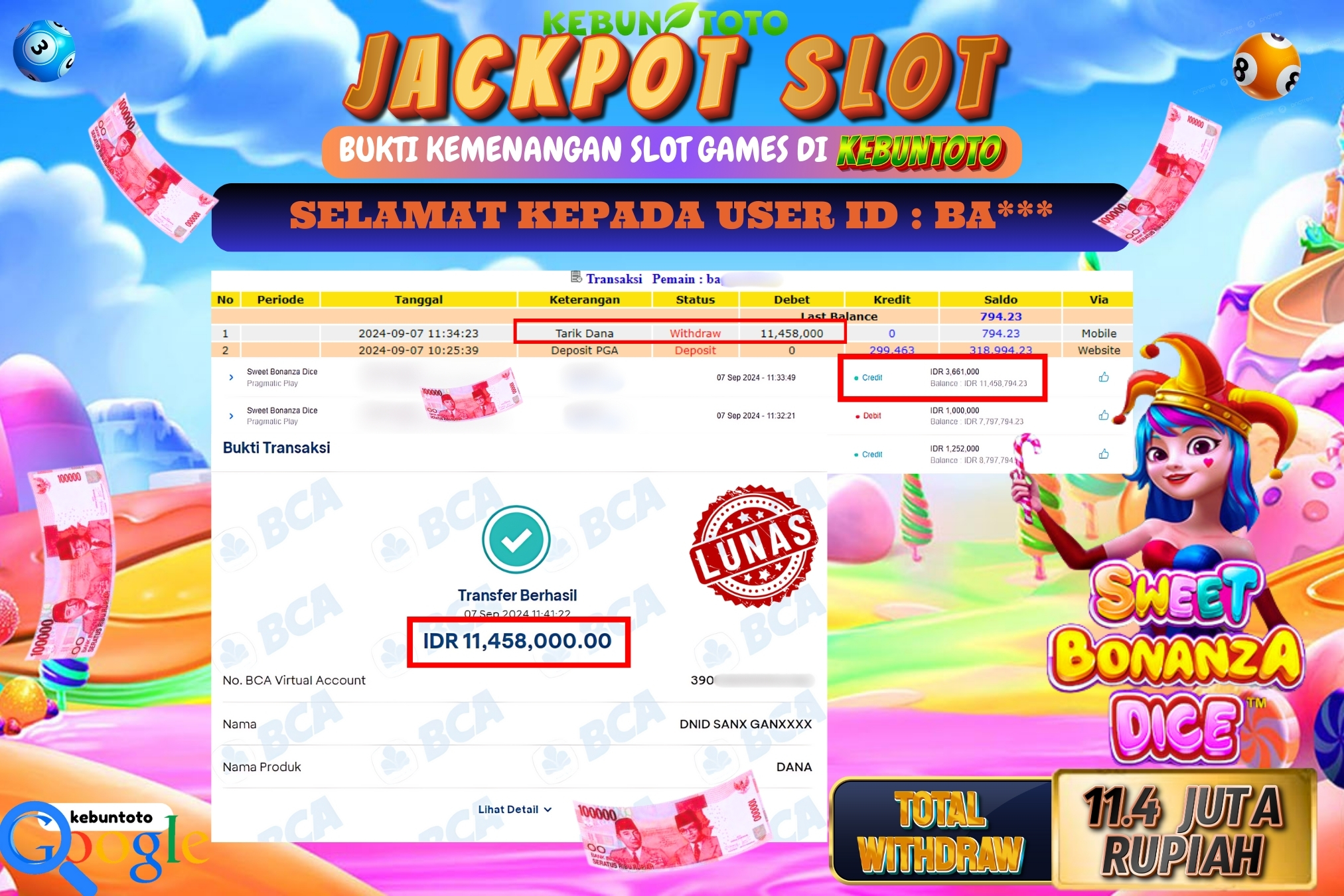 KEBUNTOTO JACKPOT SLOT SWEET BONANZA DICE 1000 Rp.11.458.000,- LUNAS