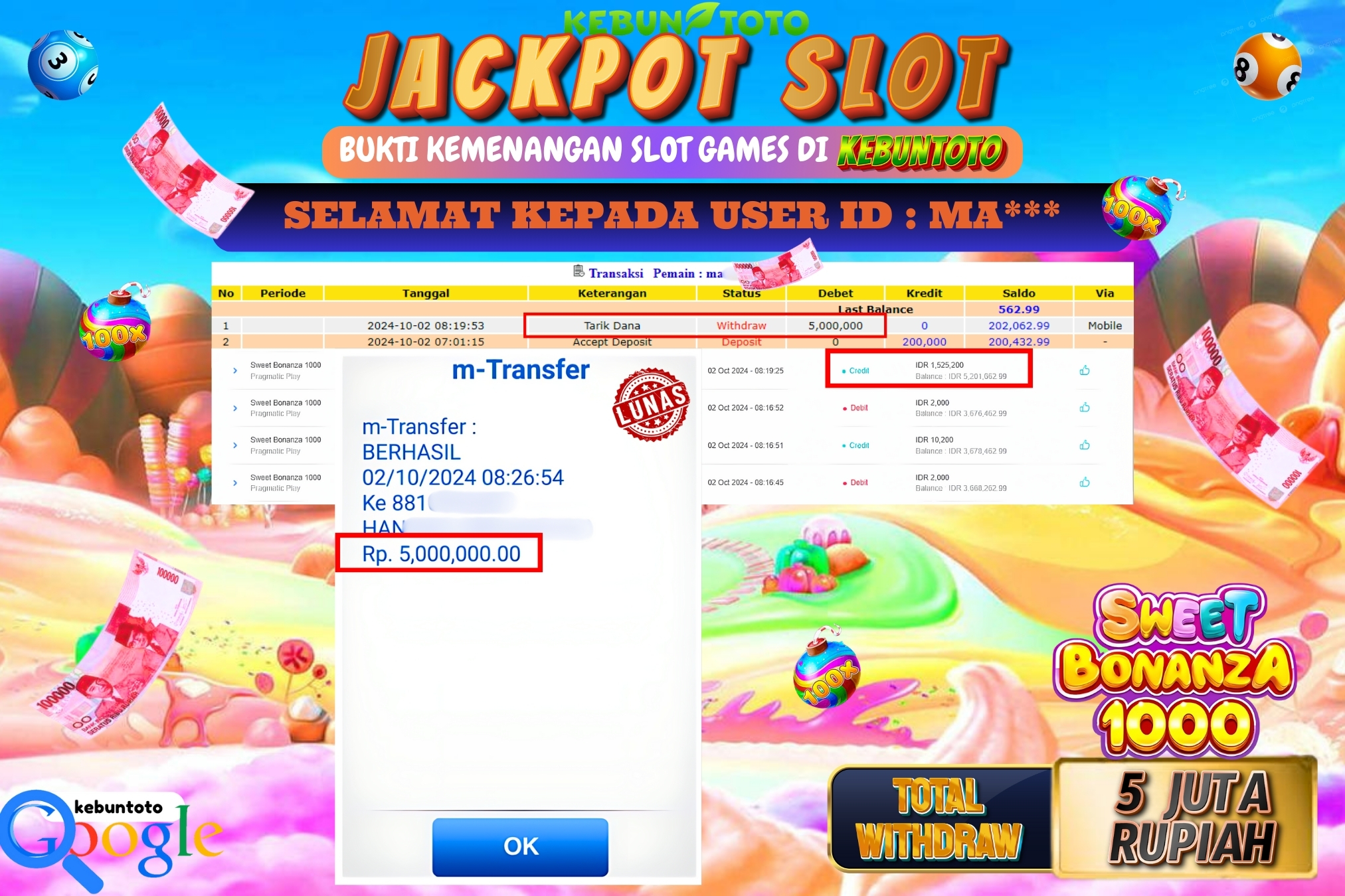 KEBUNTOTO JACKPOT SLOT SWEET BONANZA 1000 Rp.5.000.000,- LUNAS
