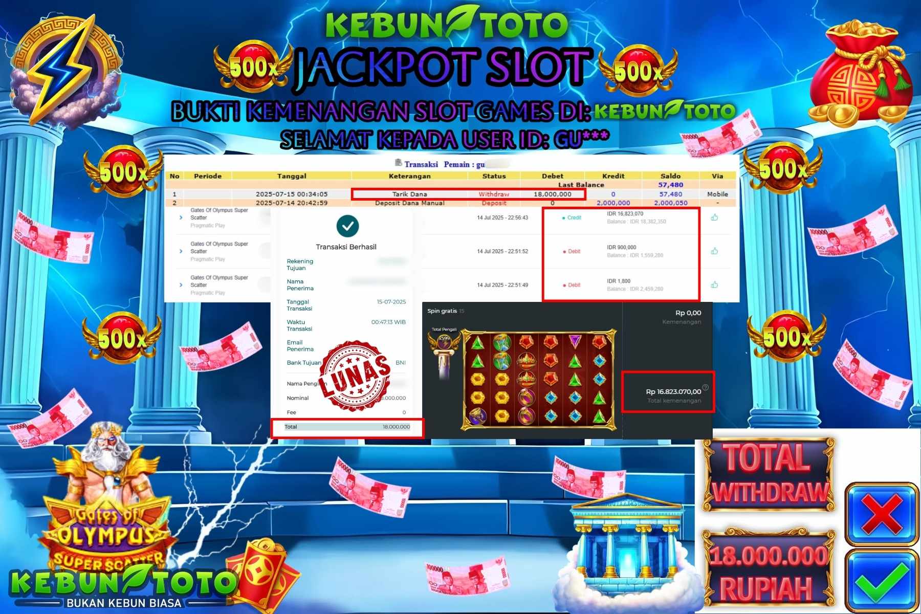 Bukti Kemenangan Rp 18.000.000 SLOT GATES OF OLYMPUS SUPER SCATTER di KEBUNTOTO!
