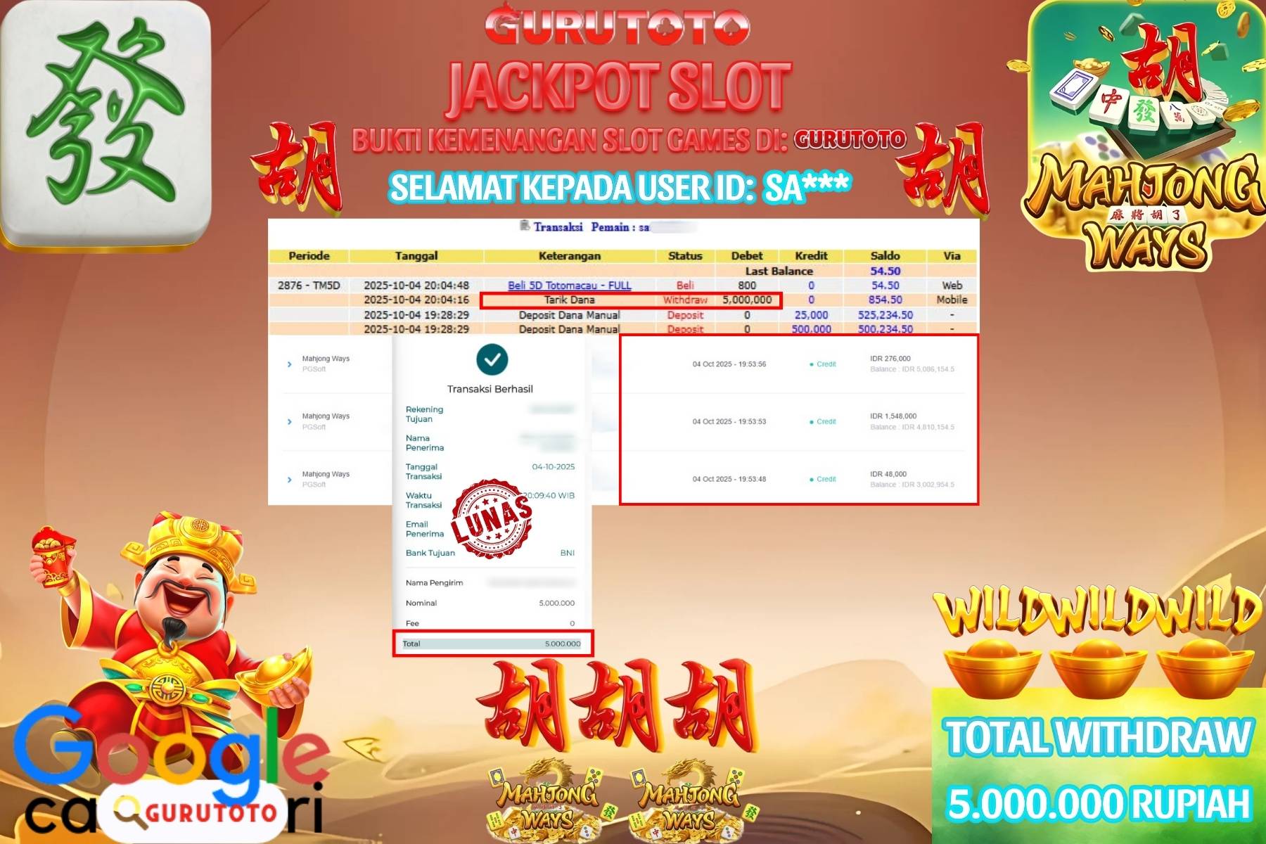 Bukti Kemenangan Rp 5.000.000 SLOT MAHJONG WAYS di GURUTOTO!