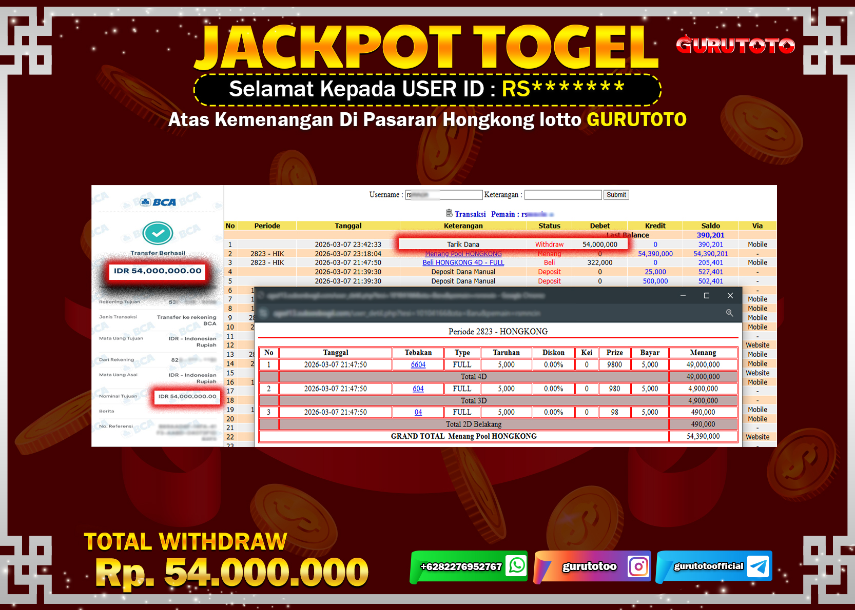 Bukti Kemenangan Rp 54.000.000 HONGKONG LOTTO  di GURUTOTO !