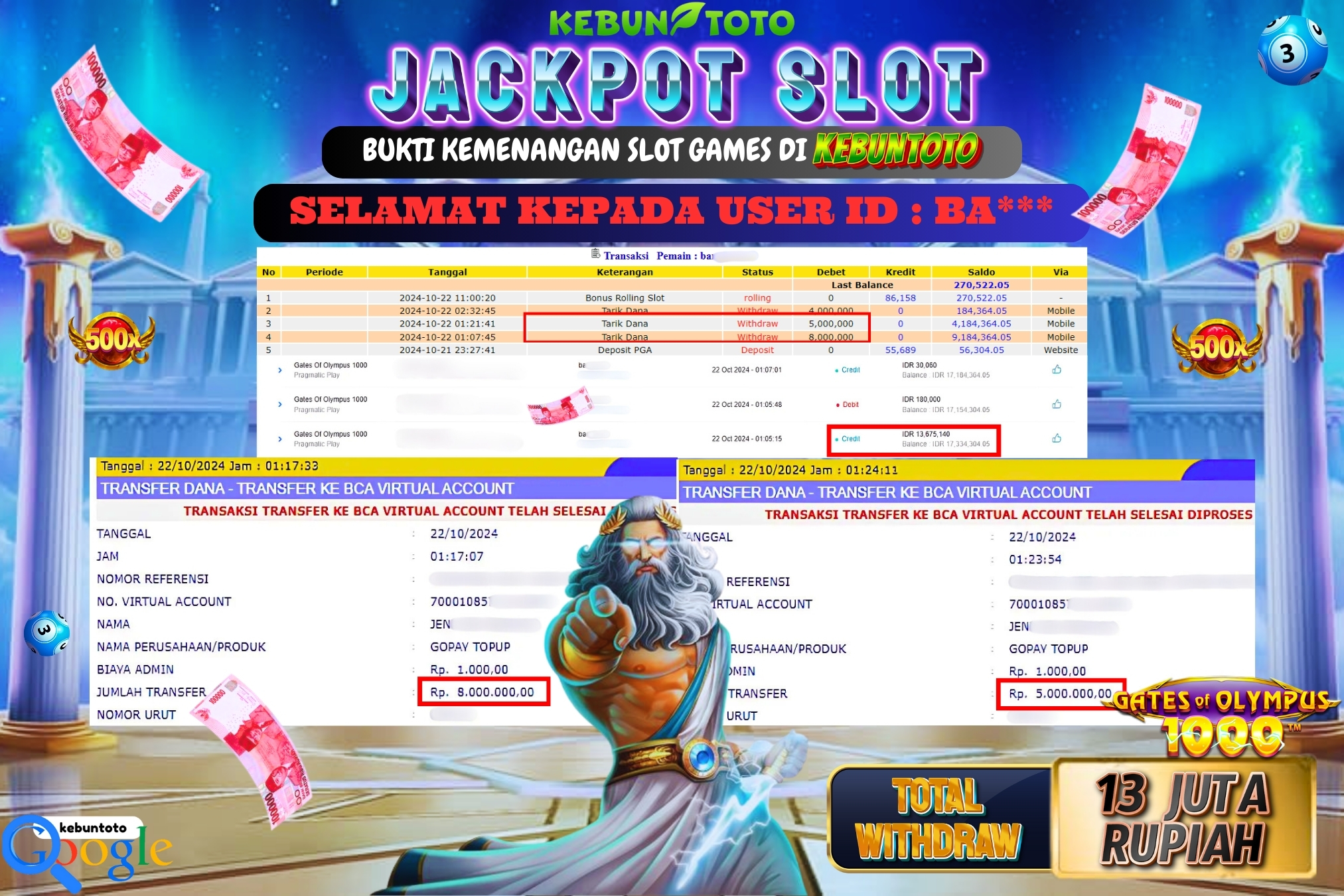 KEBUNTOTO JACKPOT SLOT GATES OF OLYMPUS 1000 Rp.13.000.000,- LUNAS