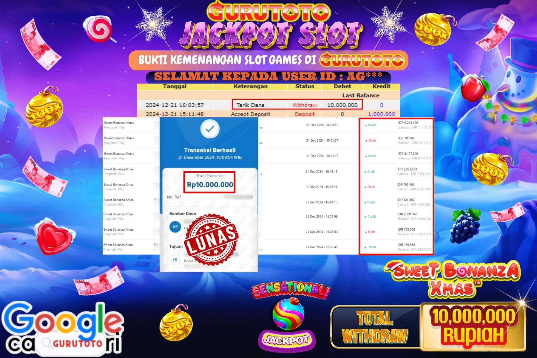 GURUTOTO, JACKPOT SLOT SWEET BONANZA XMAS  sebesar Rp.10.000.000,- dibayar lunas.