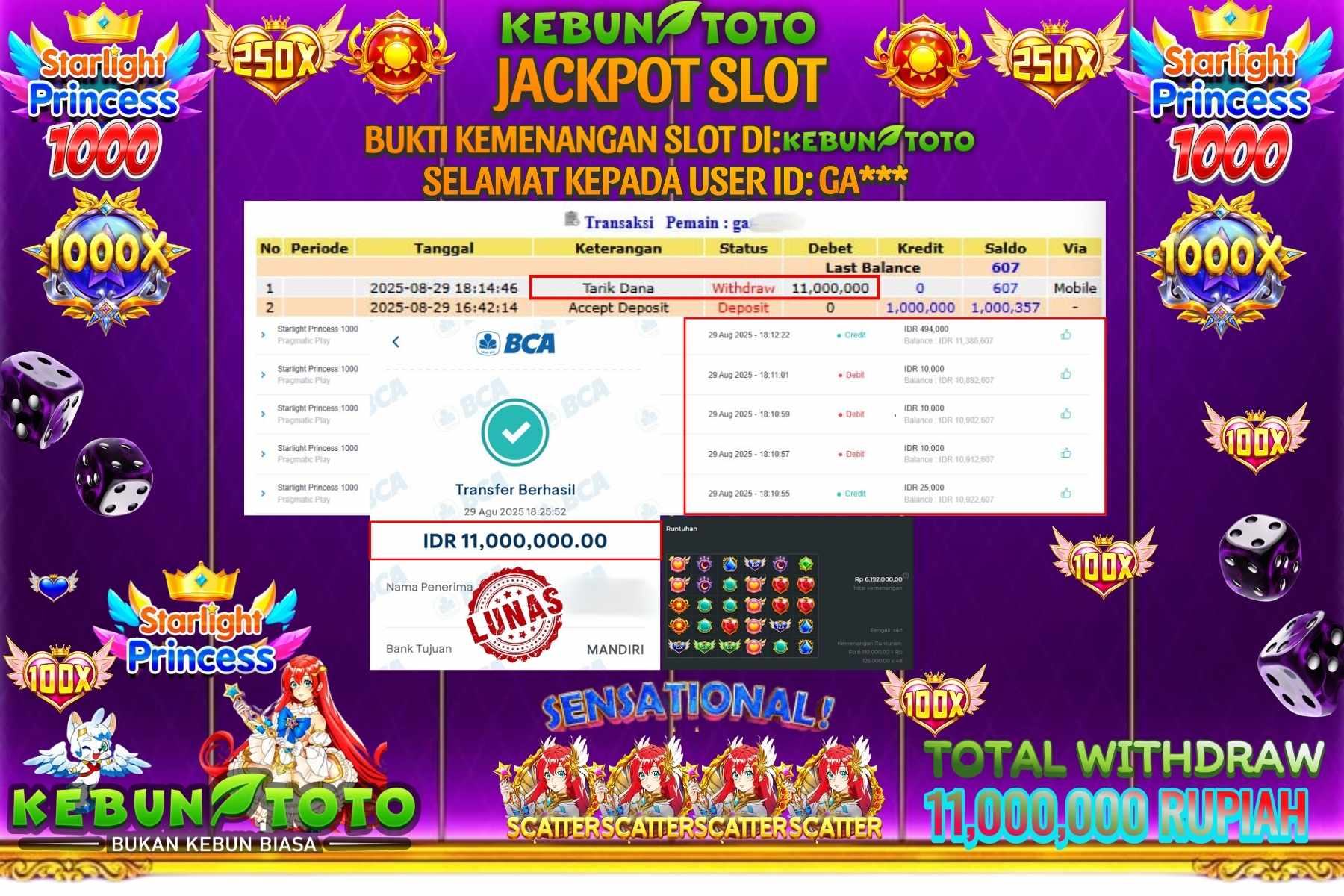 Bukti Kemenangan Rp 11.000.000 SLOT STARLIGHT PRINCESS 1000 di KEBUNTOTO!