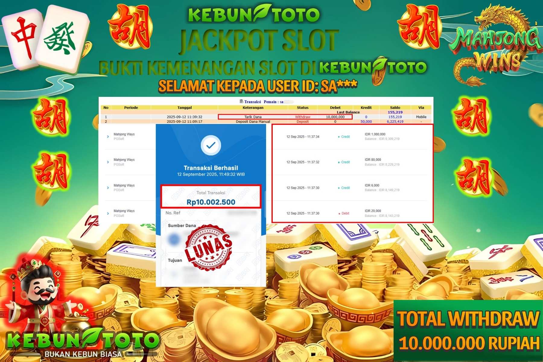 Bukti Kemenangan Rp 10.000.000 SLOT MAHJONG WAYS di KEBUNTOTO!
