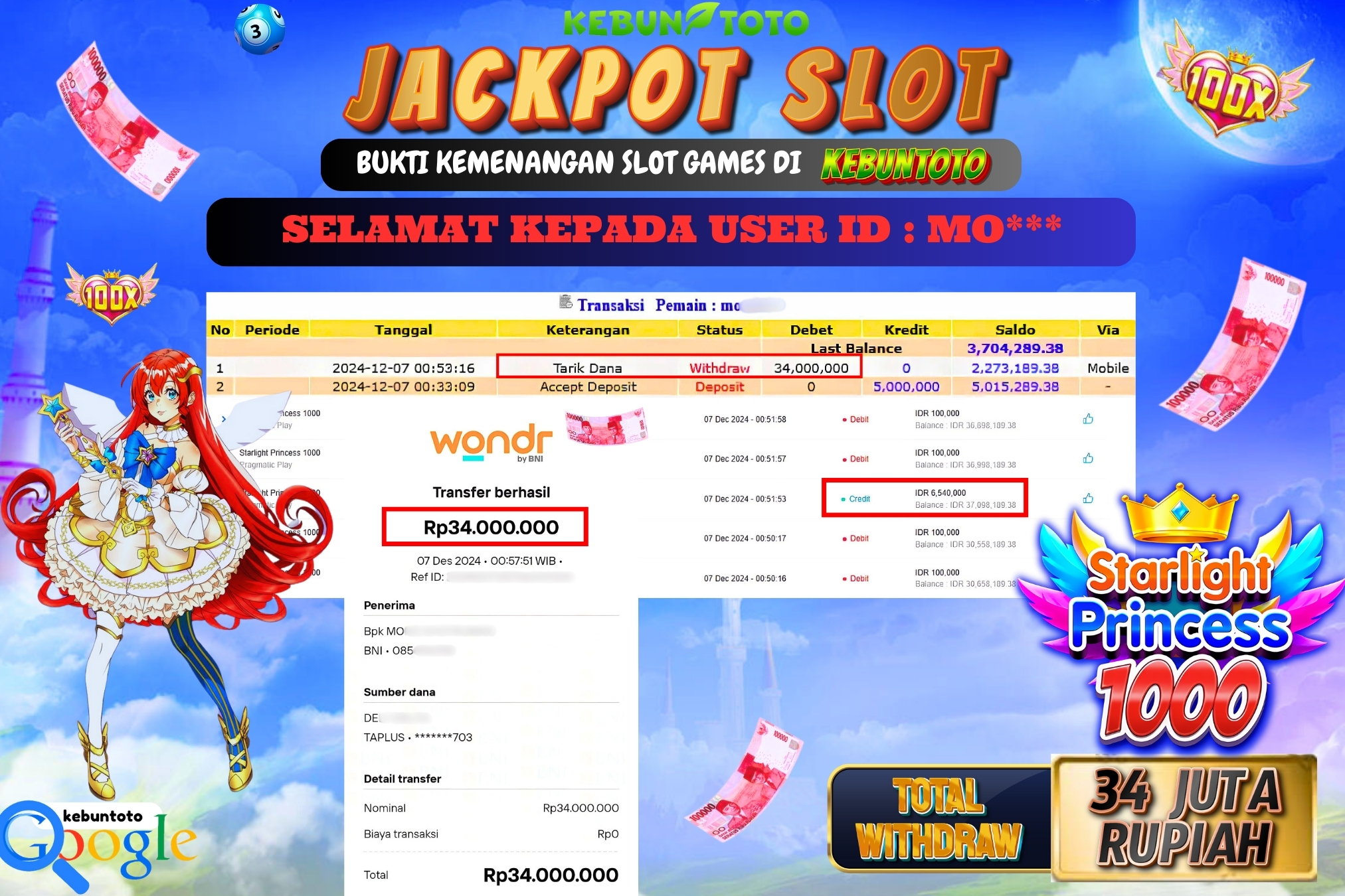 KEBUNTOTO JACKPOT SLOT STARLIGHT PRINCESS 1000 Rp.34.000.000,- LUNAS