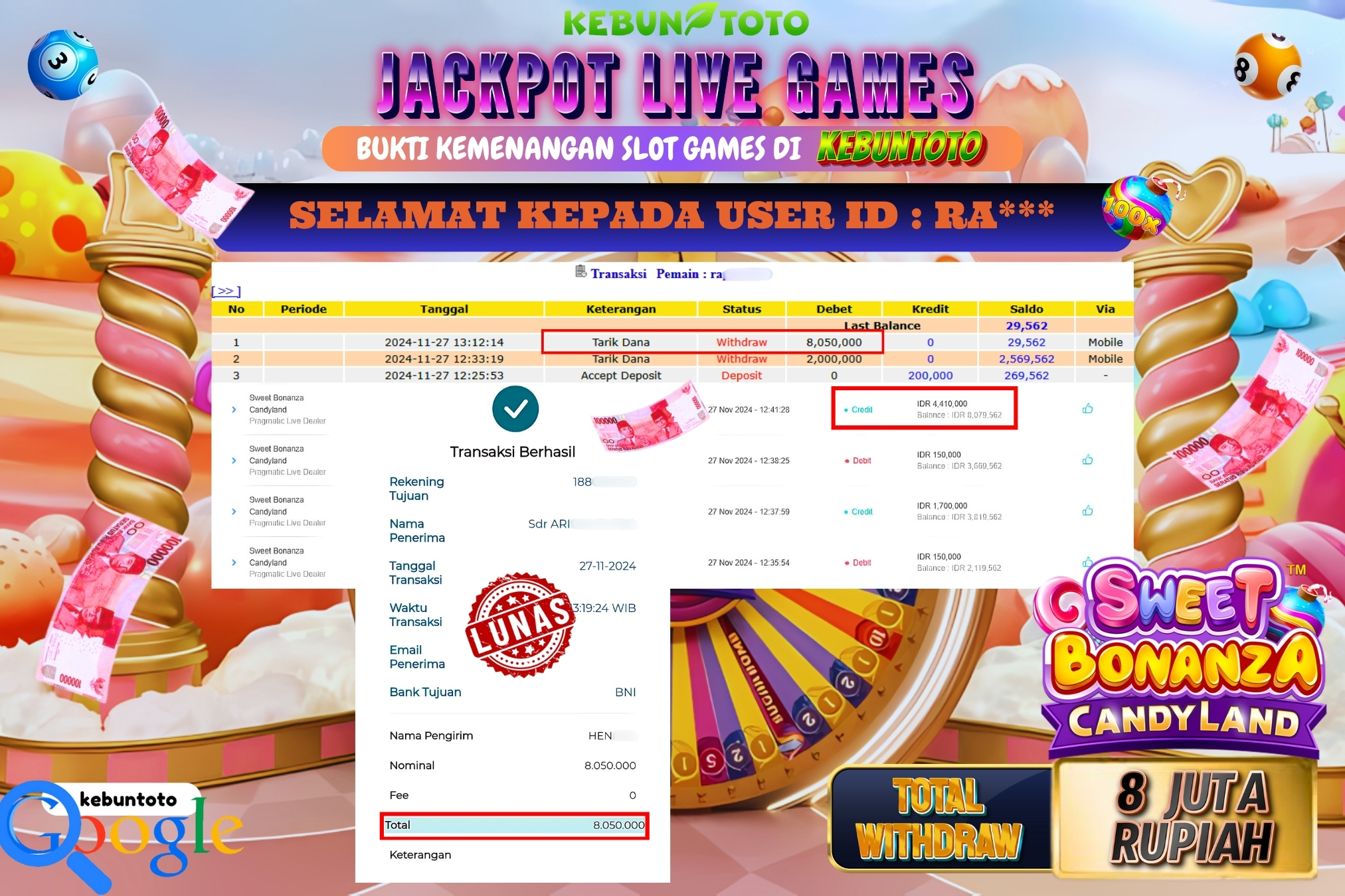 KEBUNTOTO JACKPOT LIVE GAMES SWEET BONANZA CANDYLAND Rp.8.050.000,- LUNAS