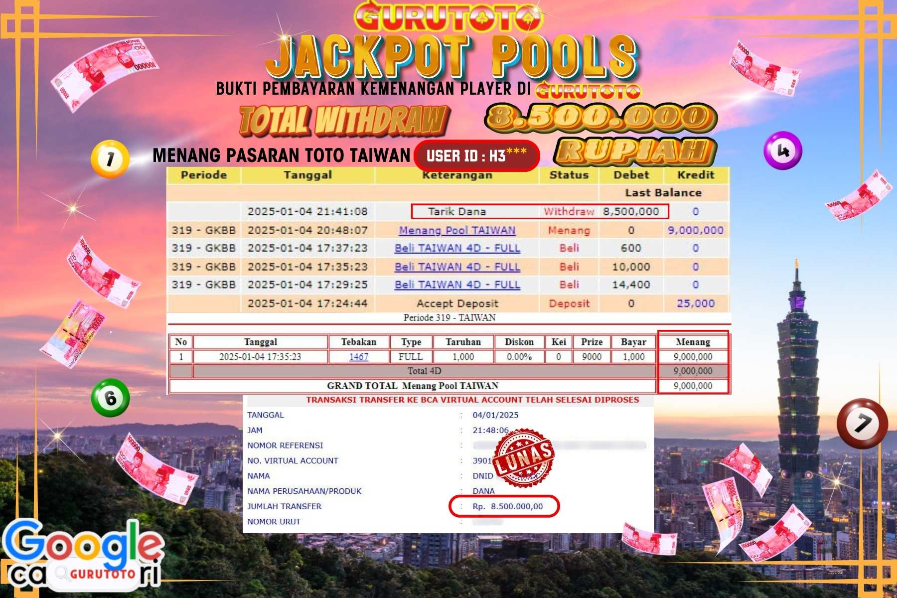 GURUTOTO, JACKPOT TOTO TAIWAN POOLS sebesar Rp.8.500.000,- dibayar lunas.