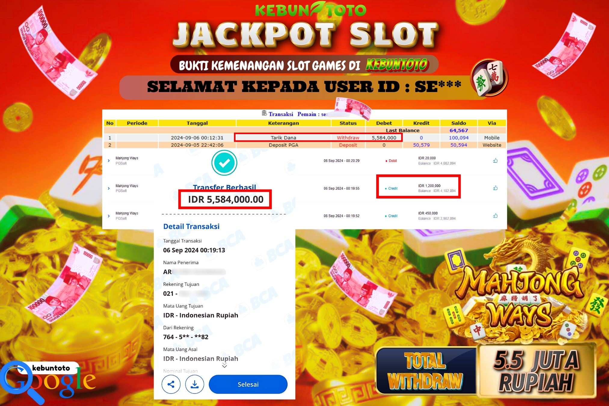 KEBUNTOTO JACKPOT SLOT MAHJONG WAYS Rp.5.584.000,- LUNAS