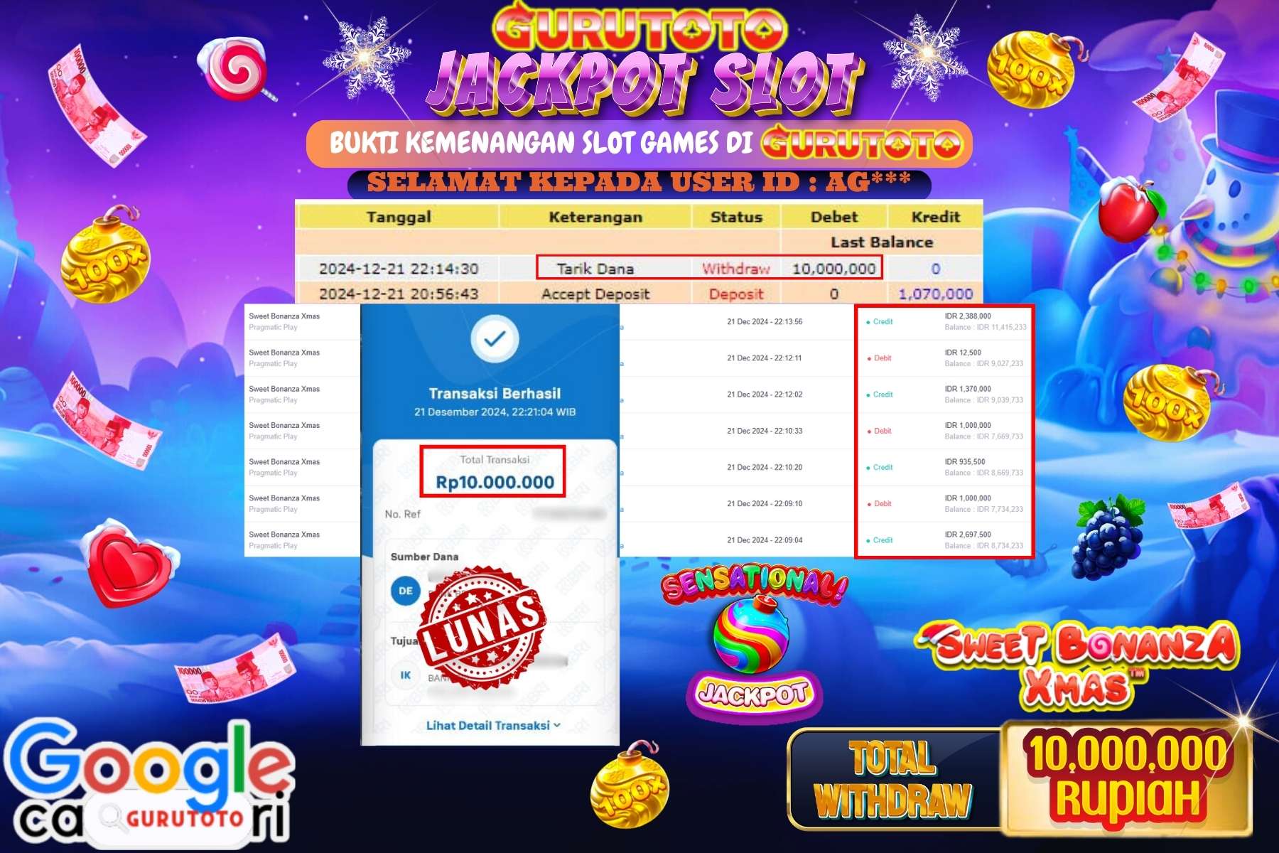 GURUTOTO, JACKPOT SLOT SWEET BONANZA XMAS sebesar Rp.10.000.000,- dibayar lunas.