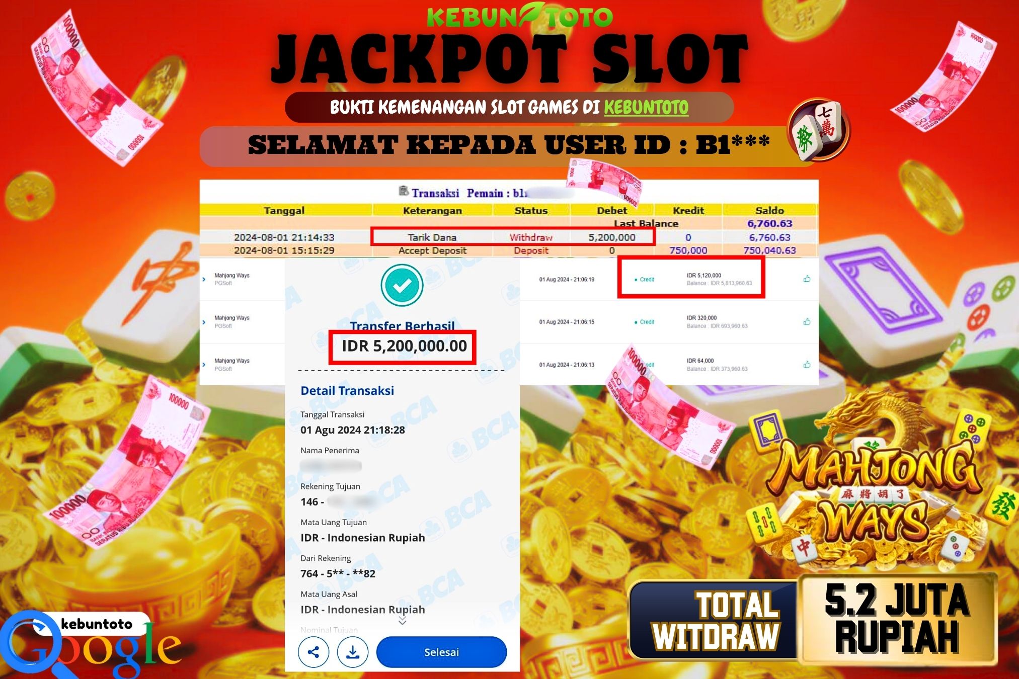 KEBUNTOTO JACKPOT SLOT MAHJONG WAYS Rp.5.200.000,- LUNAS