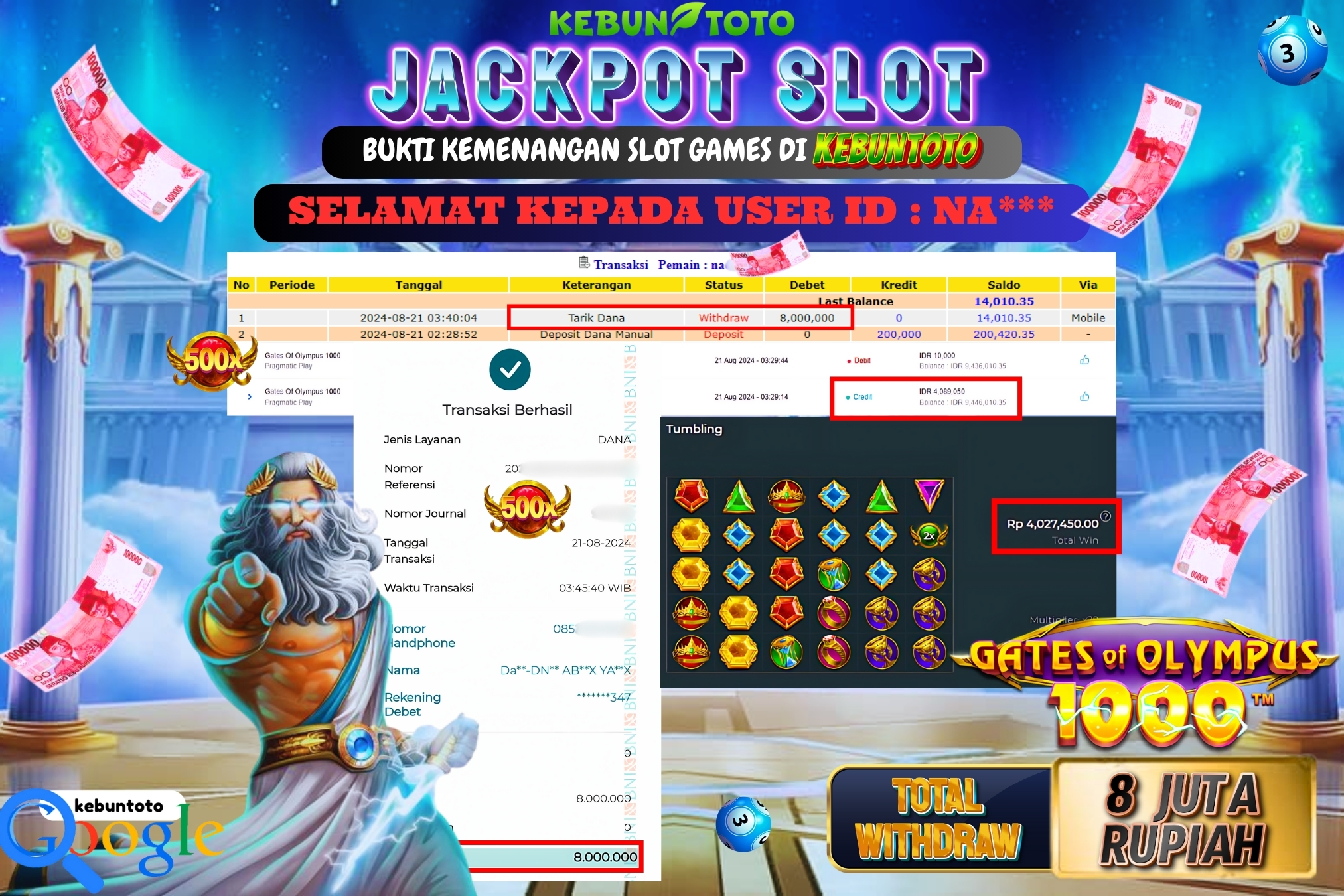 KEBUNTOTO JACKPOT SLOT GATES OF OLYMPUS 1000 Rp.8.000.000,- LUNAS