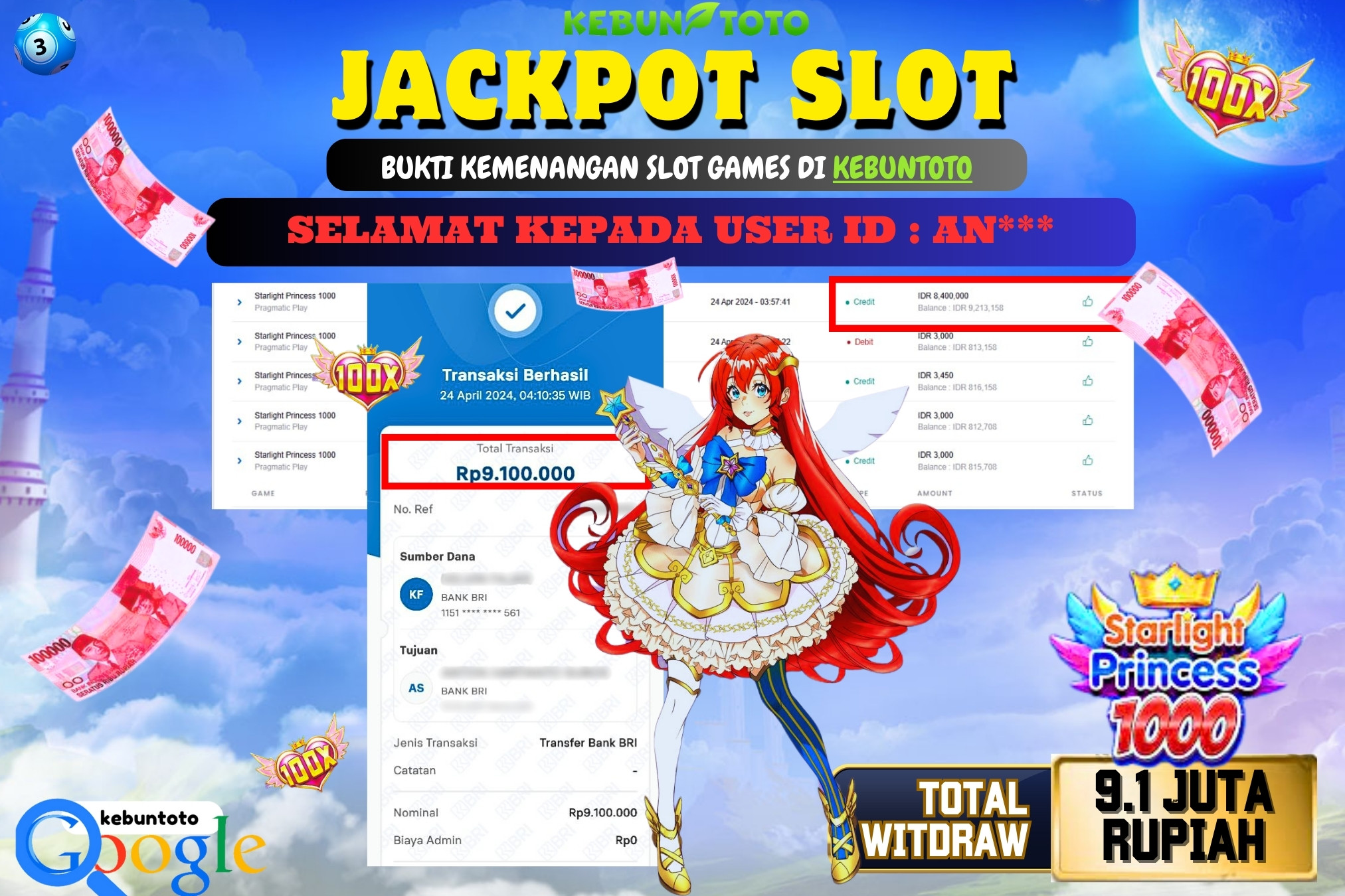 KEBUNTOTO JACKPOT SLOT STARLIGHT PRINCESS 1000 Rp.9.100.000,- LUNAS