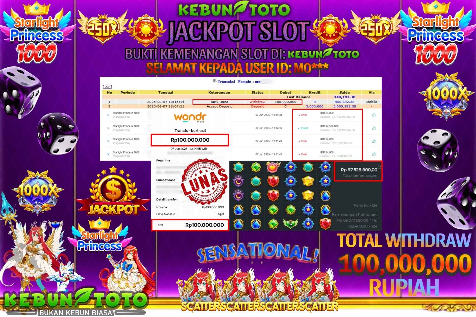 KEBUNTOTO JACKPOT SLOT STARLIGHT PRINCESS 1000 Rp 100.000.000,- LUNAS