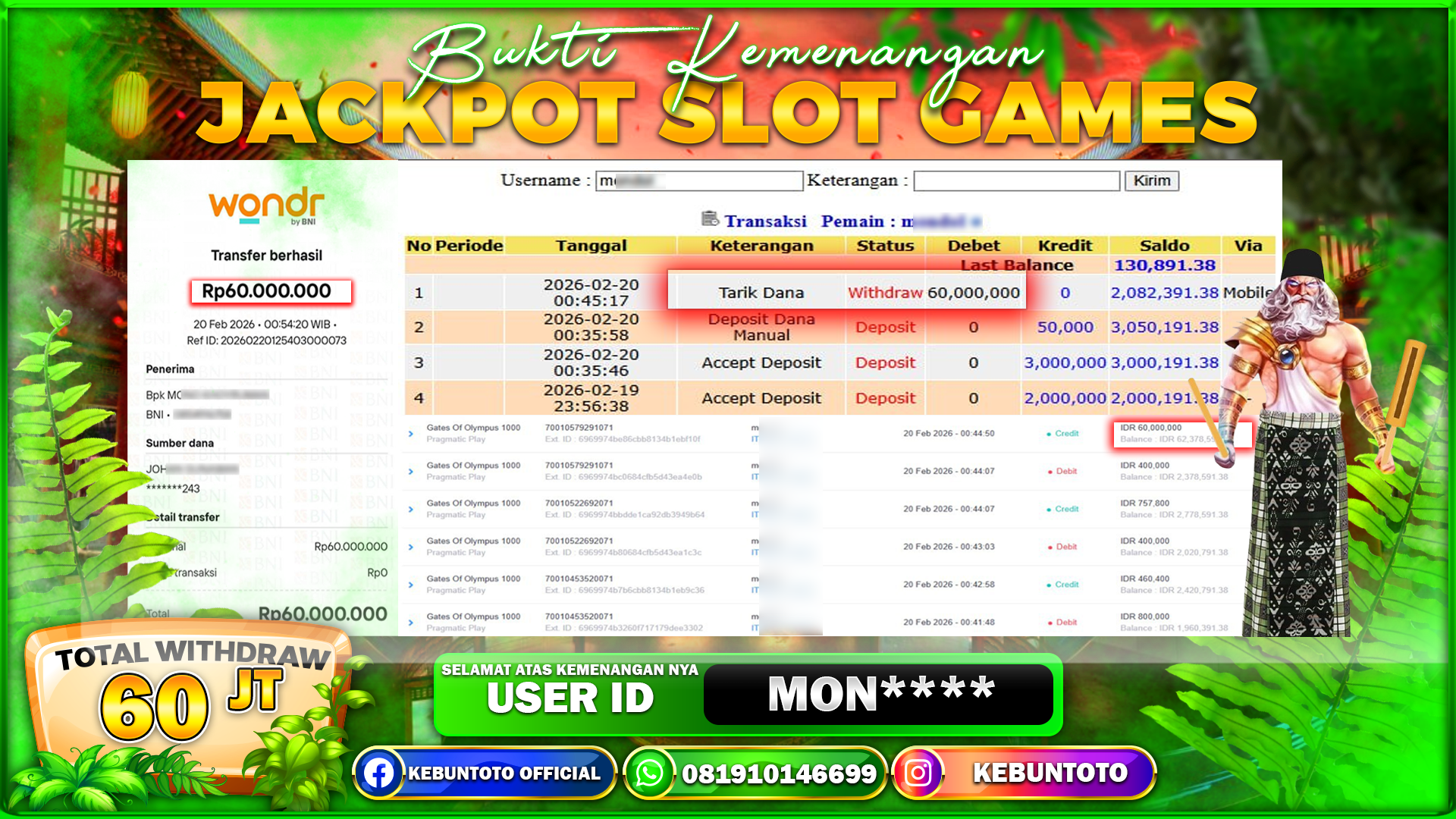 Bukti Kemenangan Rp 60.000.000 SLOT GATES OF OLYMPUS 1000 di KEBUNTOTO!