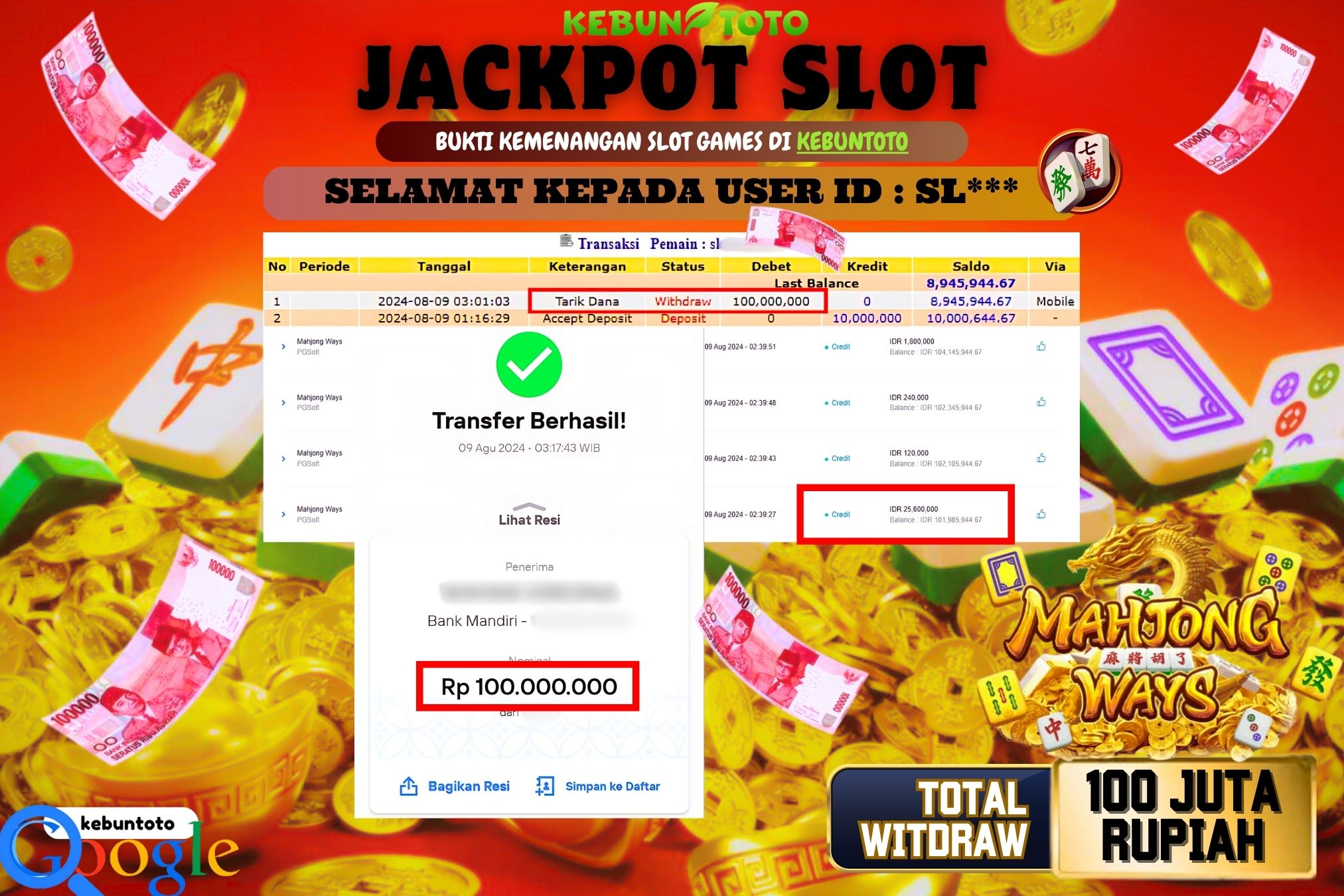 KEBUNTOTO JACKPOT SLOT MAHJONG WAYS Rp.100.000.000,- LUNAS