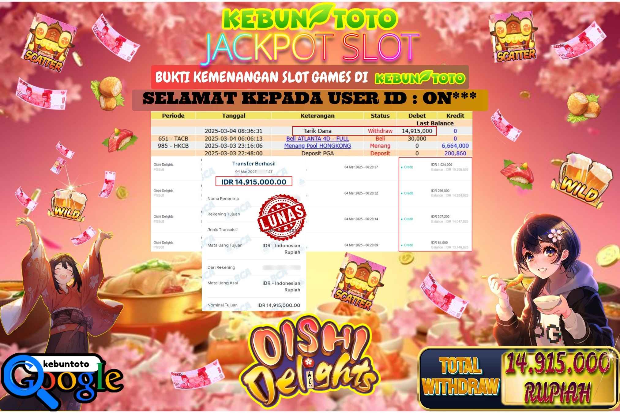 KEBUNTOTO JACKPOT, SLOT OISHI DELIGHT Sebesar Rp 14.915.000,- LUNAS