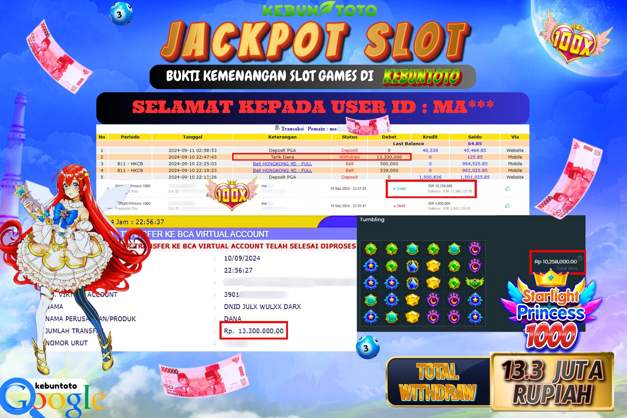 KEBUNTOTO JACKPOT SLOT STARLIGHT PRINCESS 1000 Rp.13.300.000,- LUNAS