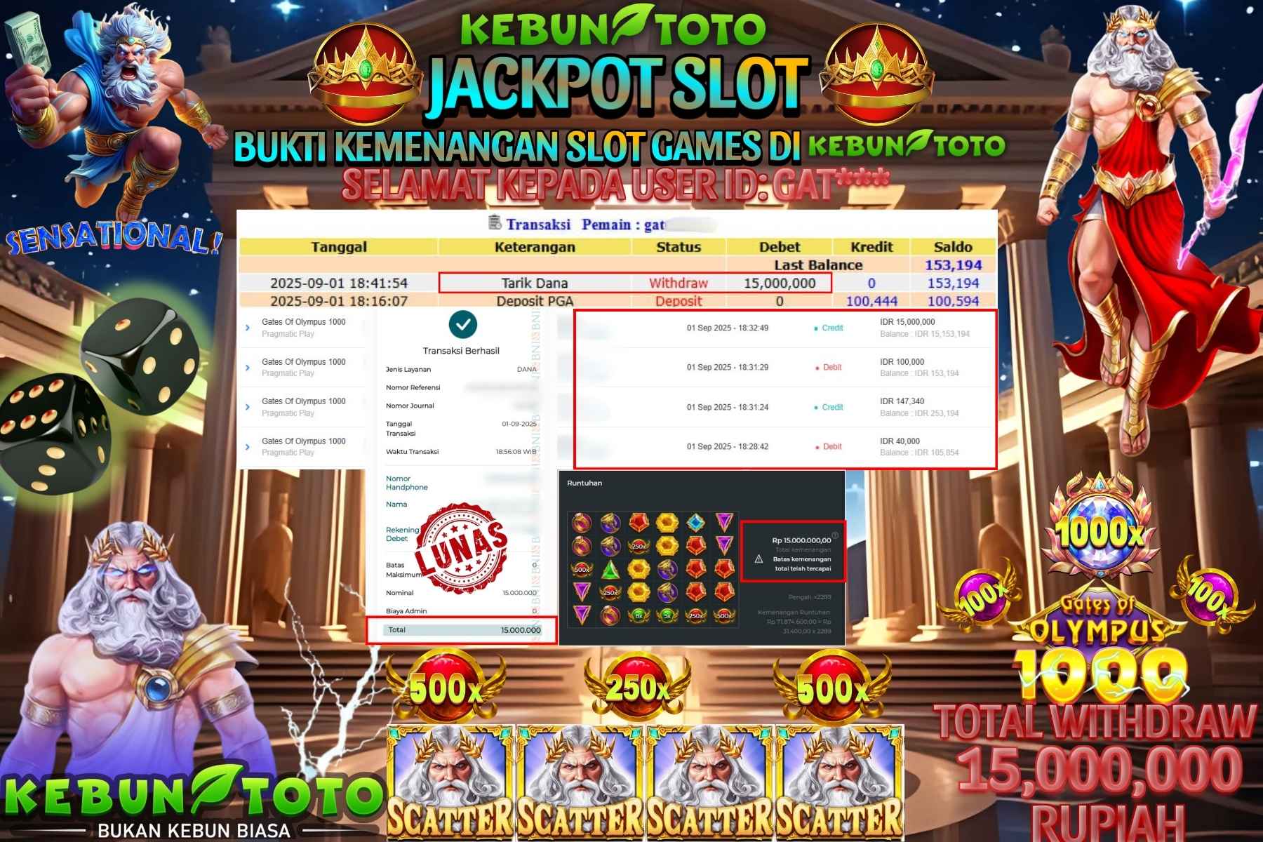 Bukti Kemenangan Rp 15.000.000 SLOT GATES OF OLYMPUS 1000 di KEBUNTOTO!