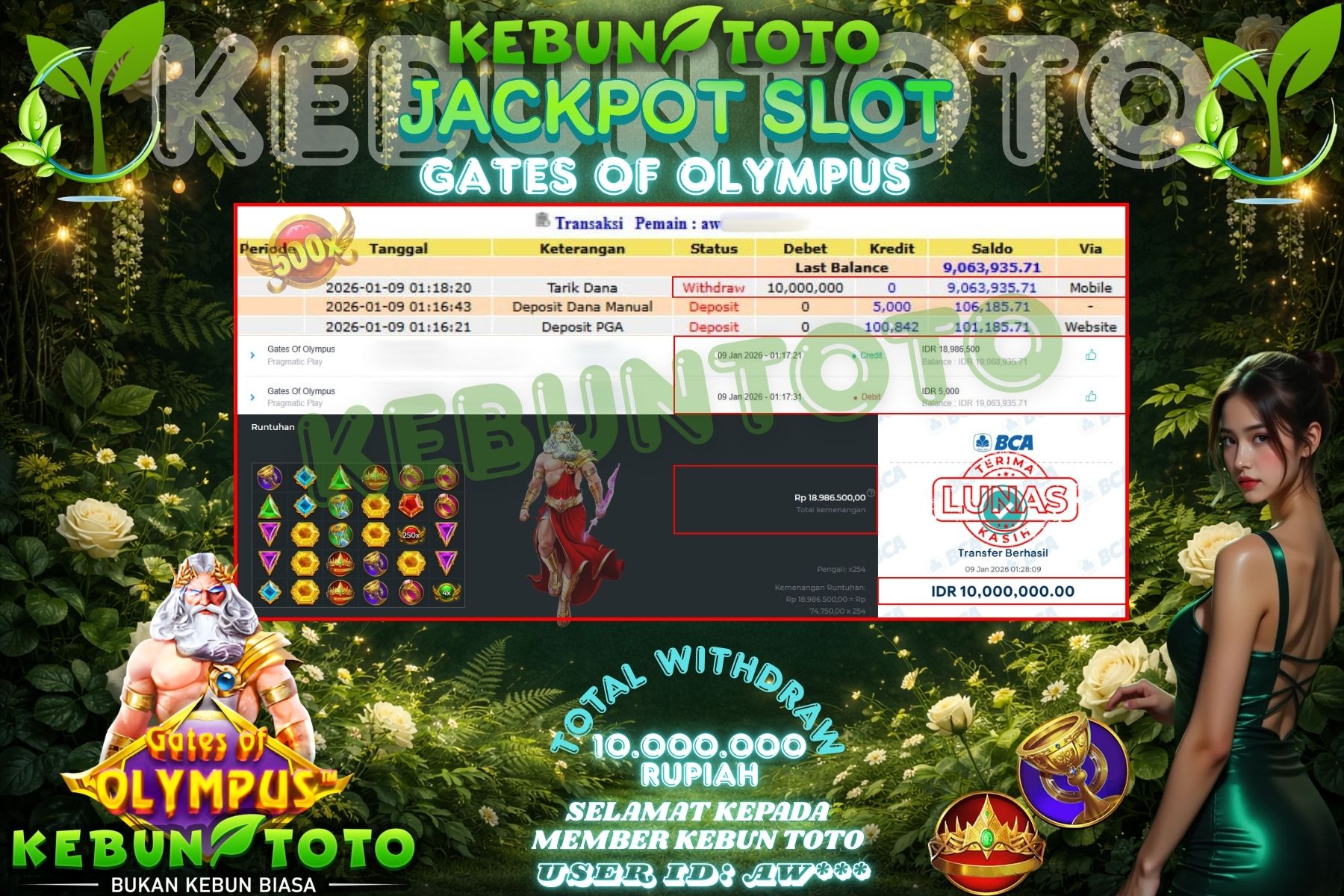 Bukti Kemenangan Rp 10.000.000 SLOT GATES OF OLYMPUS di KEBUNTOTO!