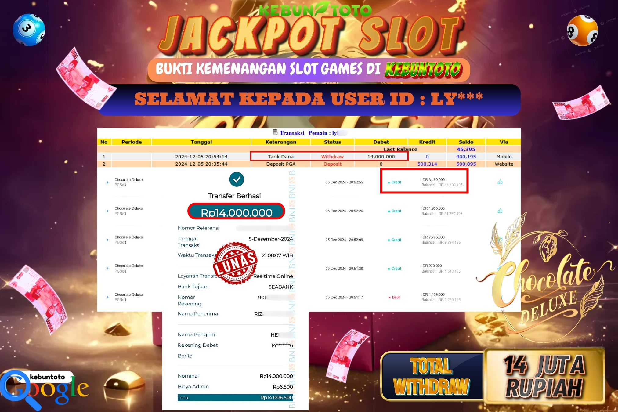 KEBUNTOTO JACKPOT SLOT CHOCOLATE DELUXE Rp.14.000.000,- LUNAS