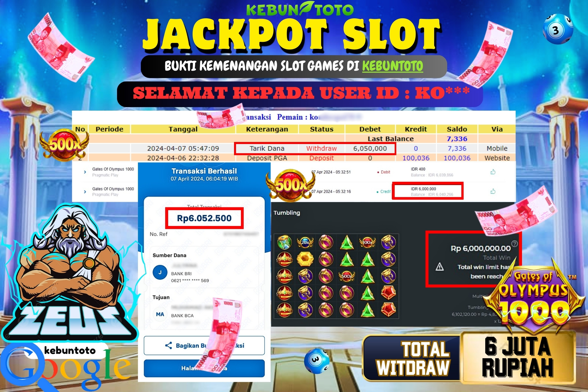 KEBUNTOTO JACKPOT SLOT GATES OF OLYMPUS 1000 Rp.6.050.000,- LUNAS