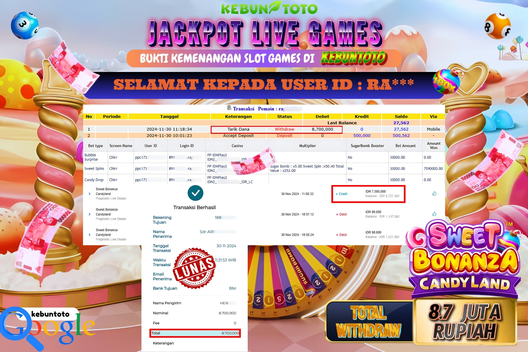 KEBUNTOTO JACKPOT LIVE GAMES SWEET BONANZA CANDYLAND Rp.8.700.000,- LUNAS