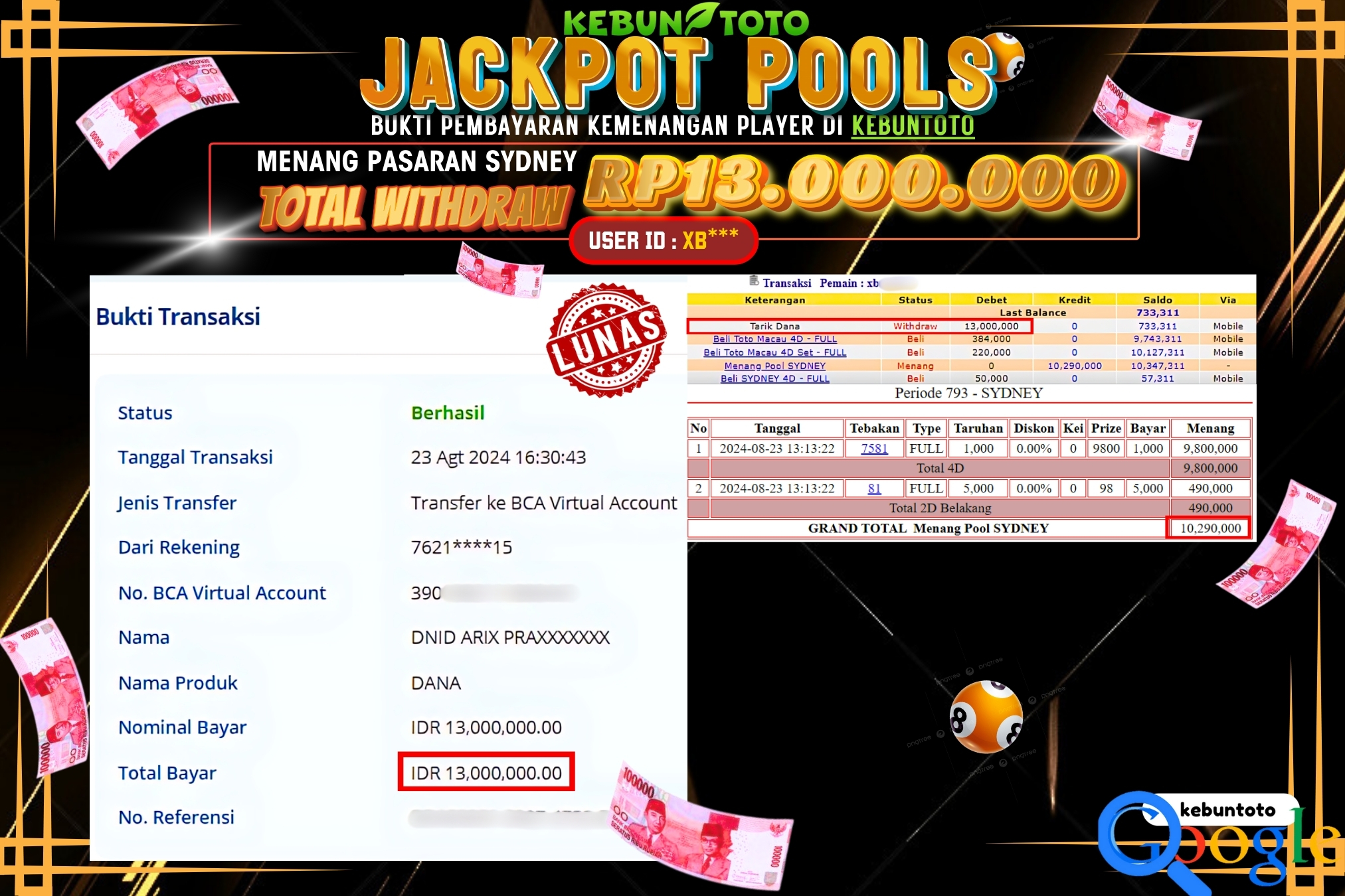 KEBUNTOTO JACKPOT TOGEL PASARAN SYDNEY Rp.13.000.000,- LUNAS