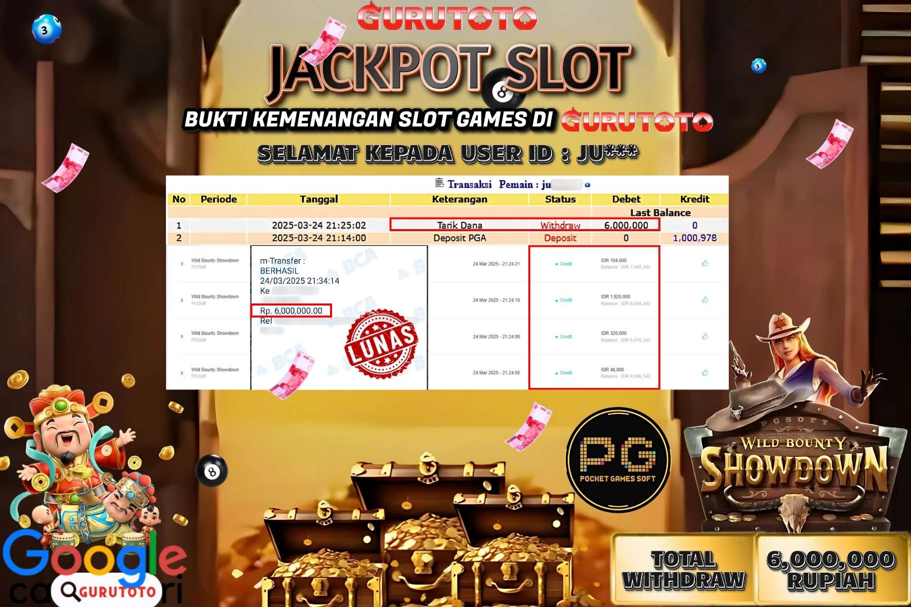 GURUTOTO JACKPOT, WILD BOUNTY SHOWDOWN, Sebesar Rp 6.000.000,- LUNAS