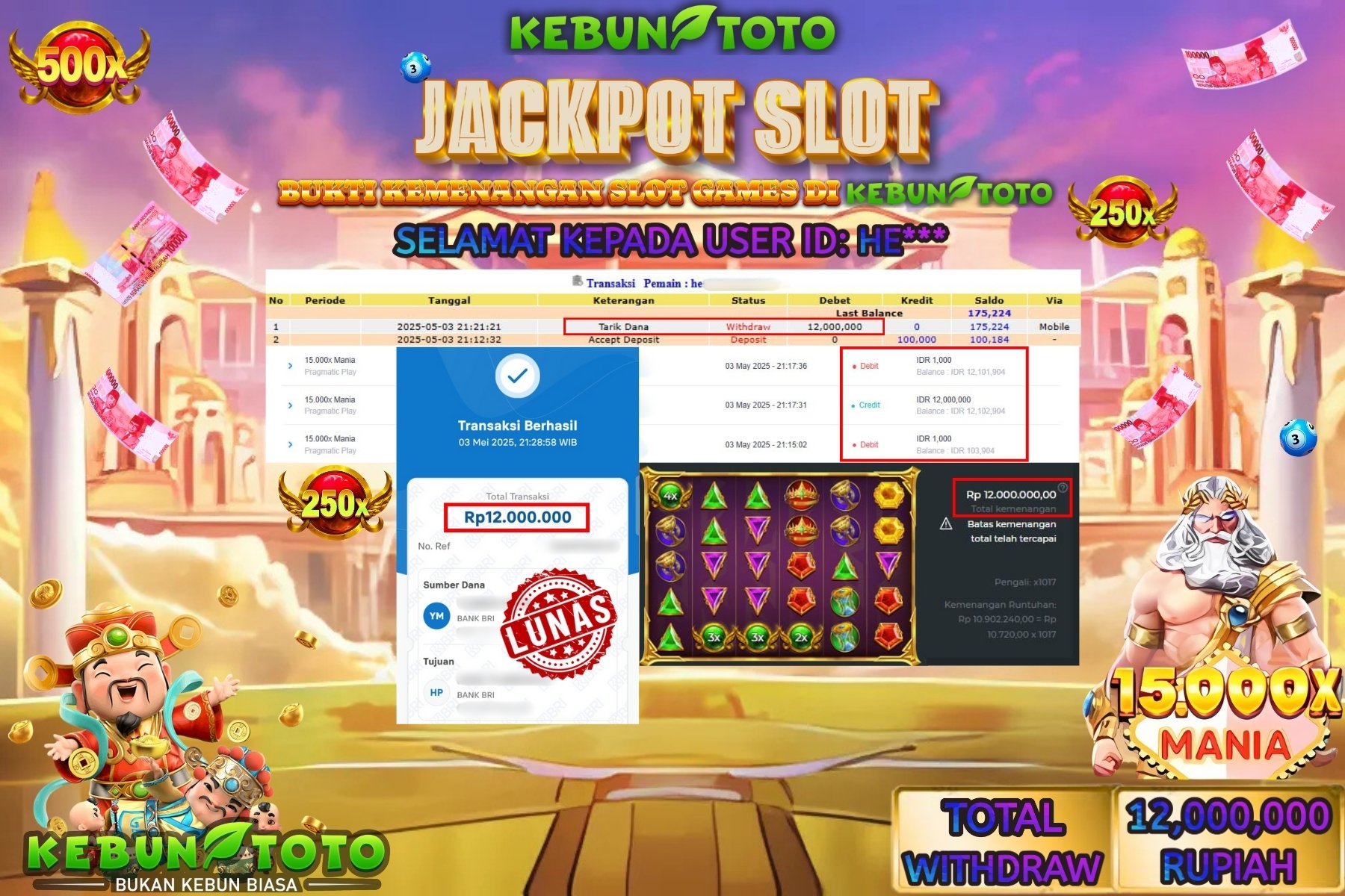 KEBUNTOTO JACKPOT SLOT 15000X MANIA Rp 12.000.000 ,- LUNAS