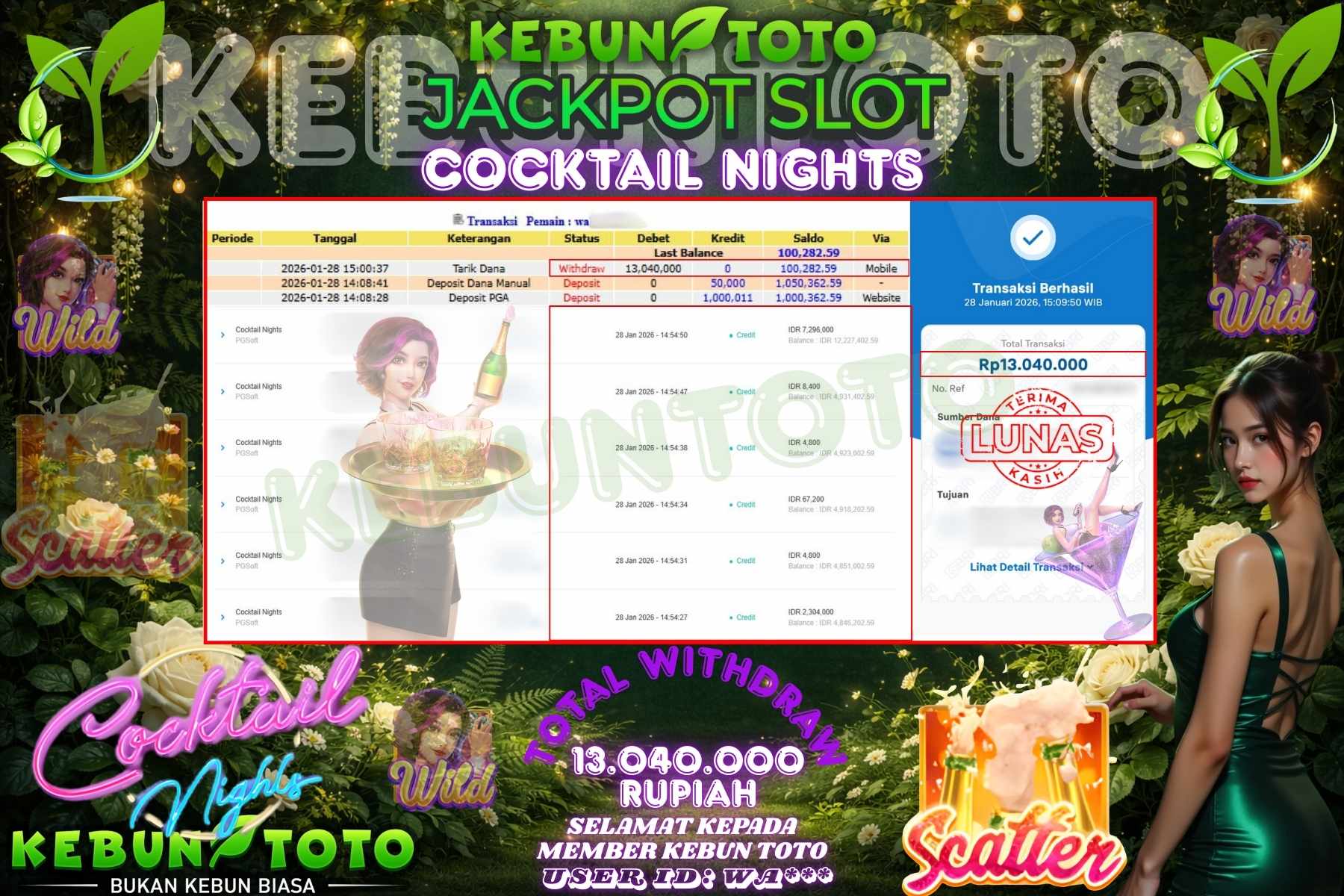 Bukti Kemenangan Rp 13.040.000 SLOT COCKTAIL NIGHTS di KEBUNTOTO!
