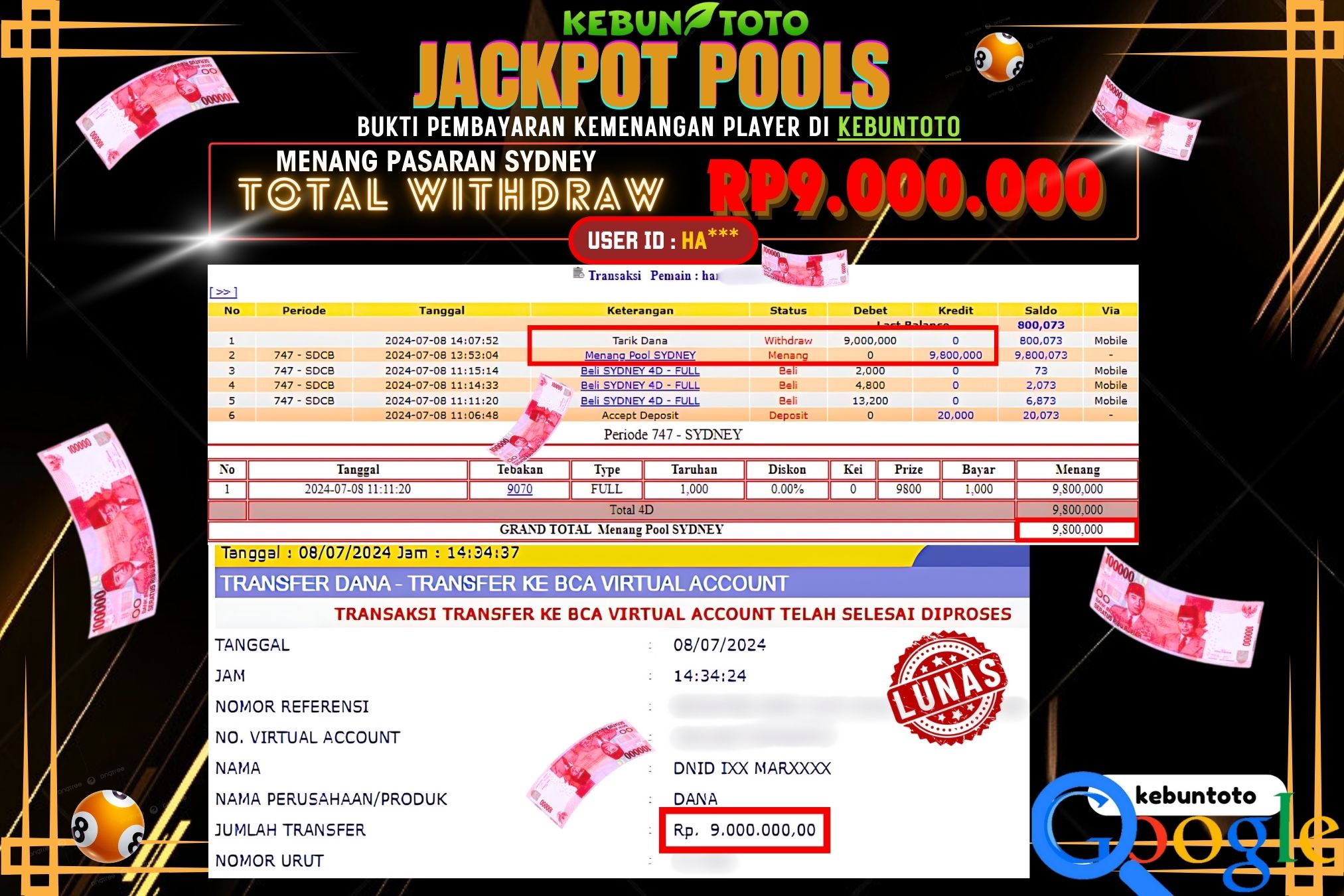 KEBUNTOTO JACKPOT TOGEL PASARAN SYDNEY Rp.9.000.000,- LUNAS