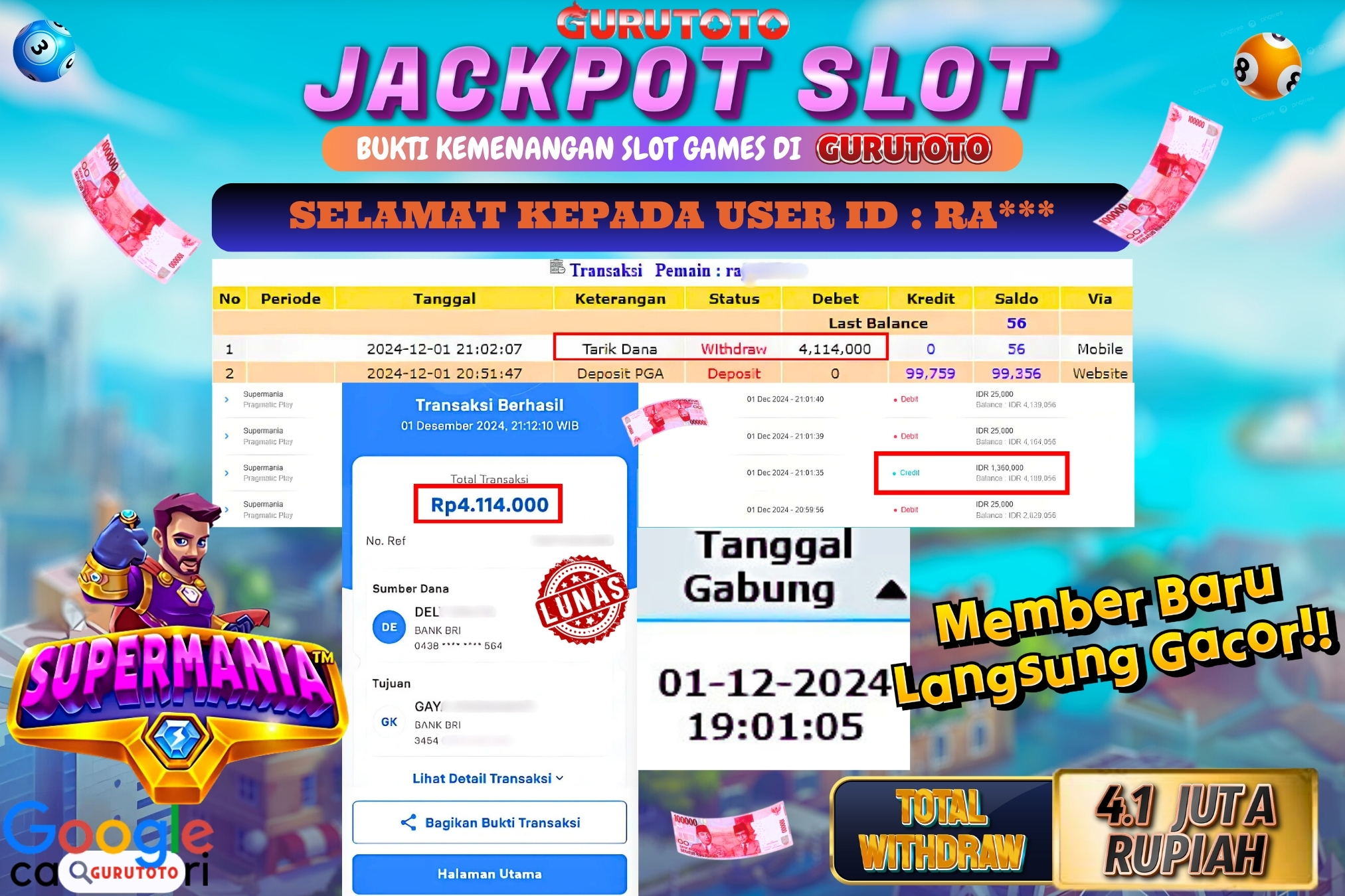 Jackpot Slot SuperMania di Gurutoto sebesar Rp.4.100.000 dibayar lunas.