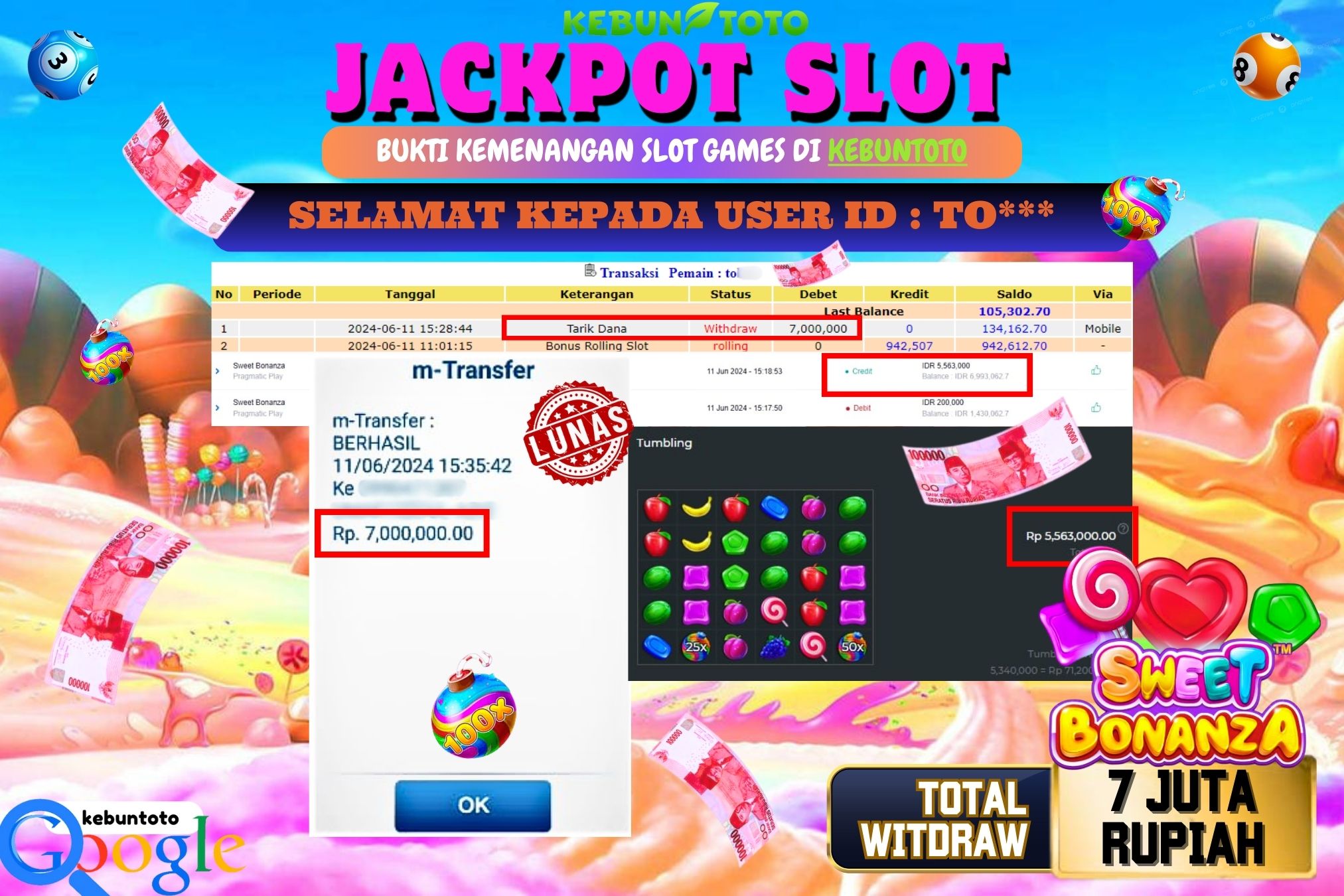 KEBUNTOTO JACKPOT SLOT SWEET BONANZA Rp.7.000.000,- LUNAS