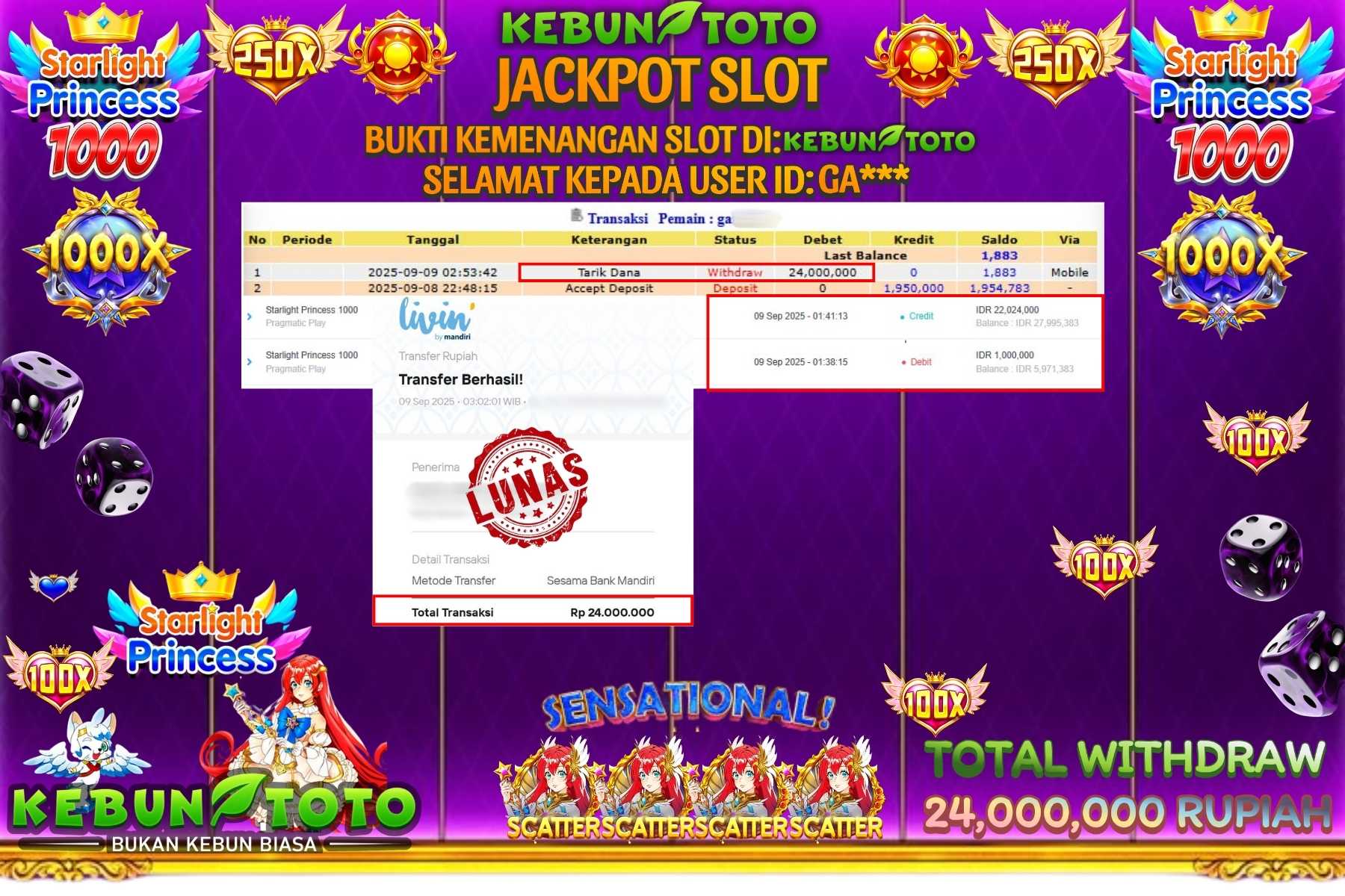 Bukti Kemenangan Rp 24.000.000 SLOT STARLIGHT PRINCESS 1000 di KEBUNTOTO!